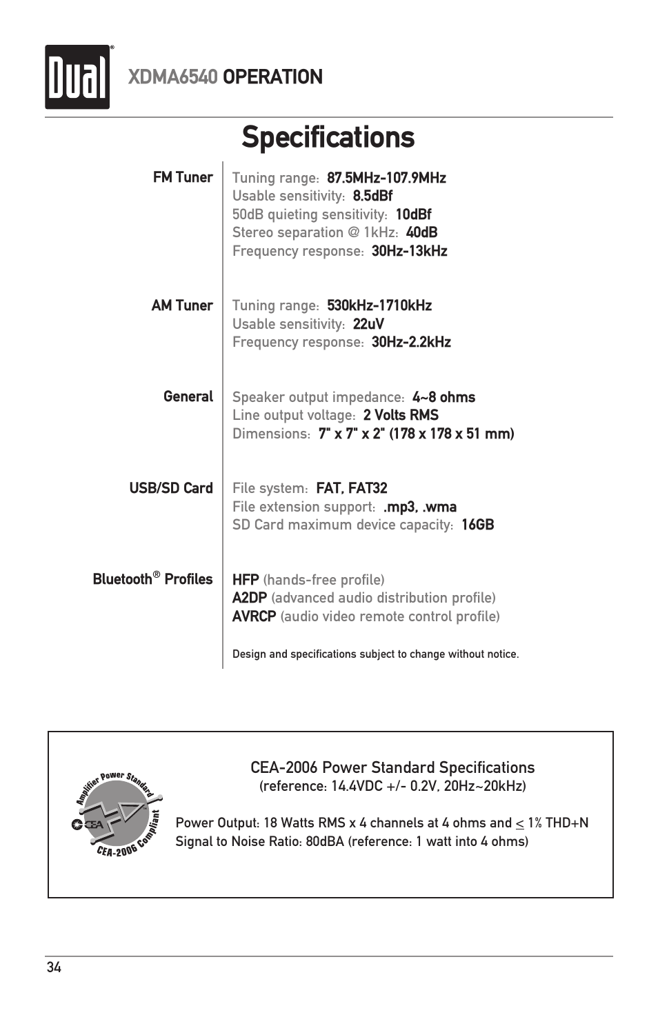 Specifications, Xdma6540 operation | Dual Electronics XDMA6540 User Manual | Page 34 / 36