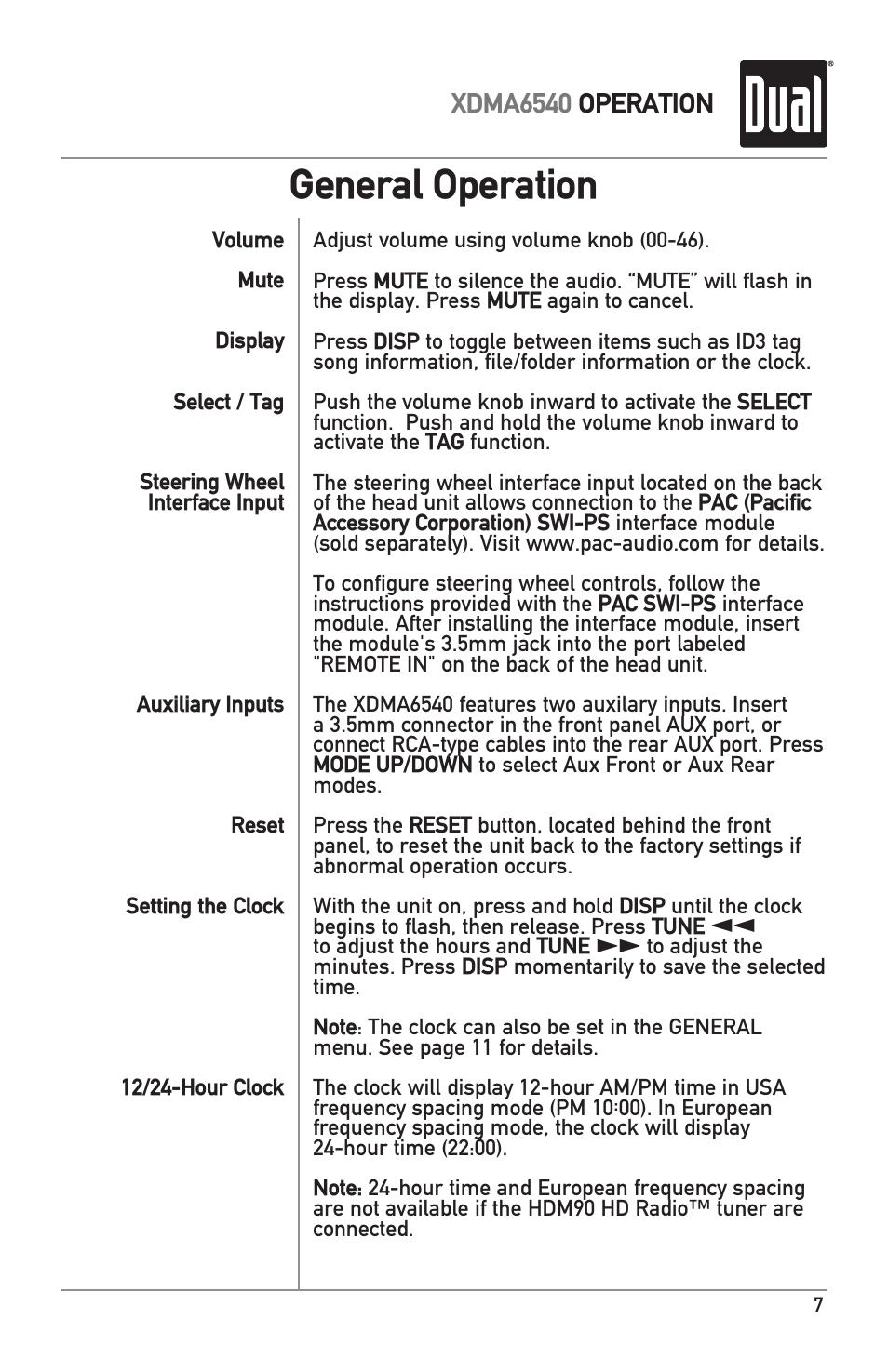 General operation | Dual Electronics XDMA6540 User Manual | Page 7 / 36
