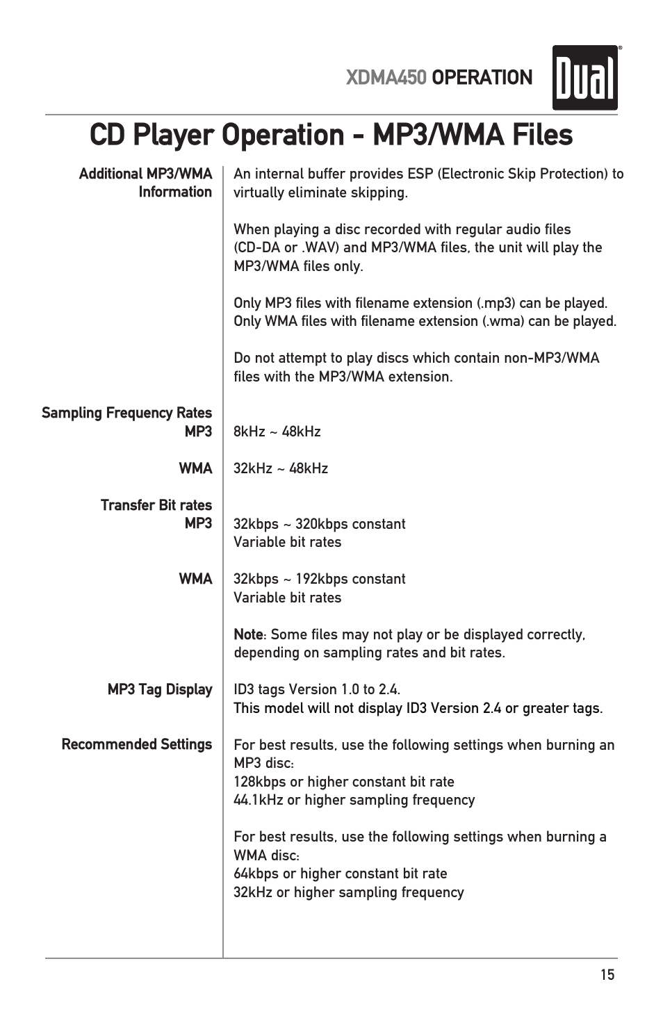 Cd player operation - mp3/wma files, Xdma450 operation | Dual Electronics XDMA450 User Manual | Page 15 / 28