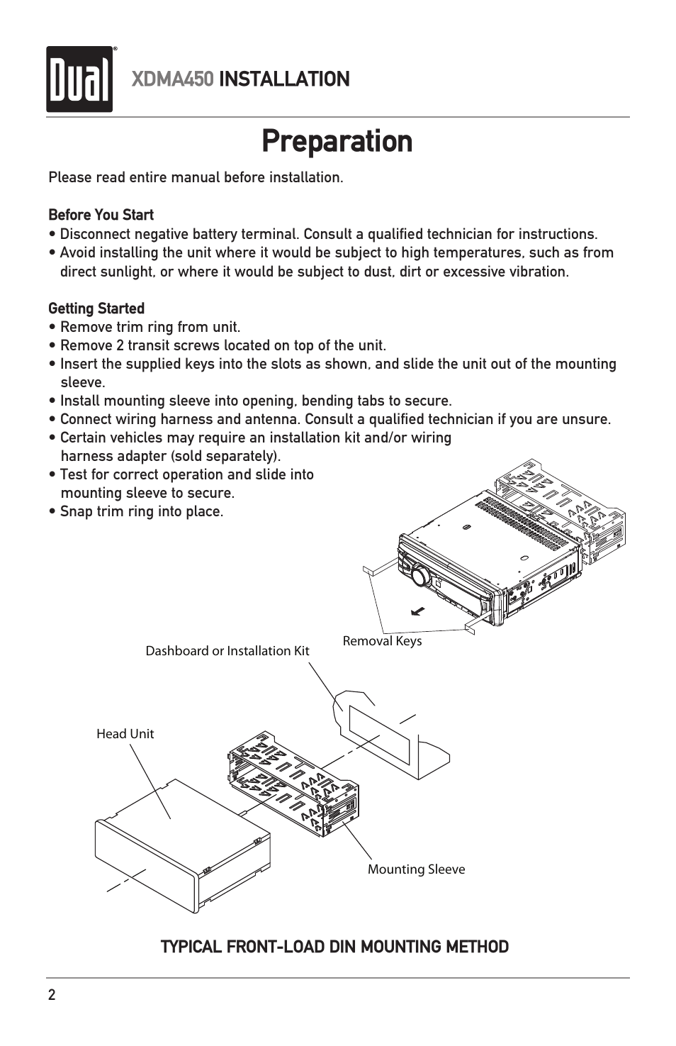 Preparation, Xdma450 installation | Dual Electronics XDMA450 User Manual | Page 2 / 28
