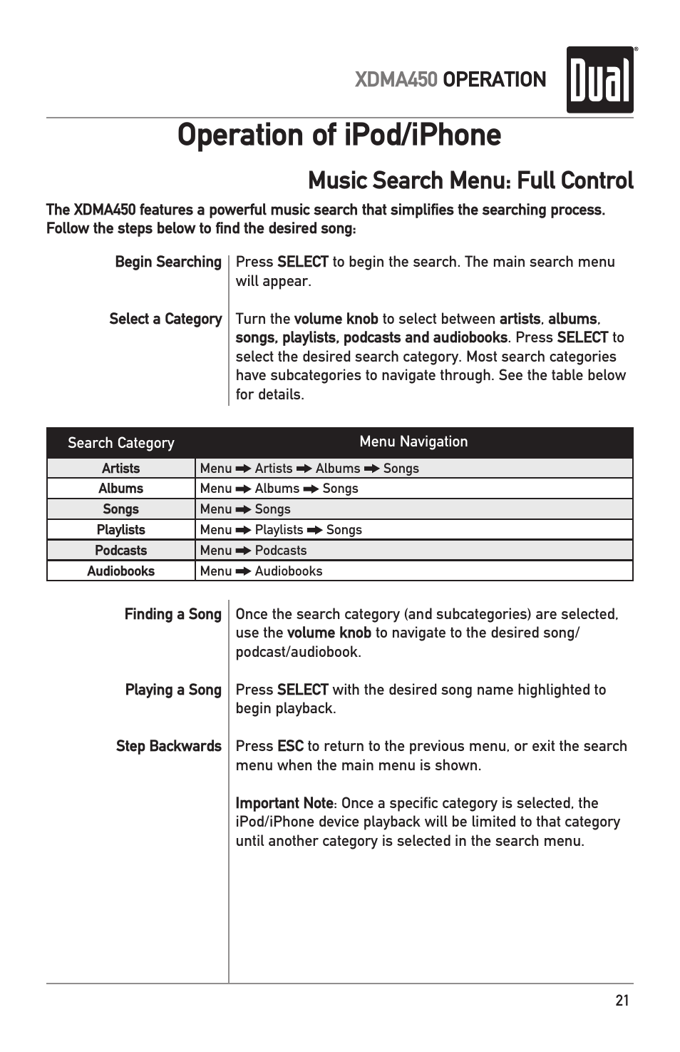 Operation of ipod/iphone, Music search menu: full control, Xdma450 operation | Dual Electronics XDMA450 User Manual | Page 21 / 28
