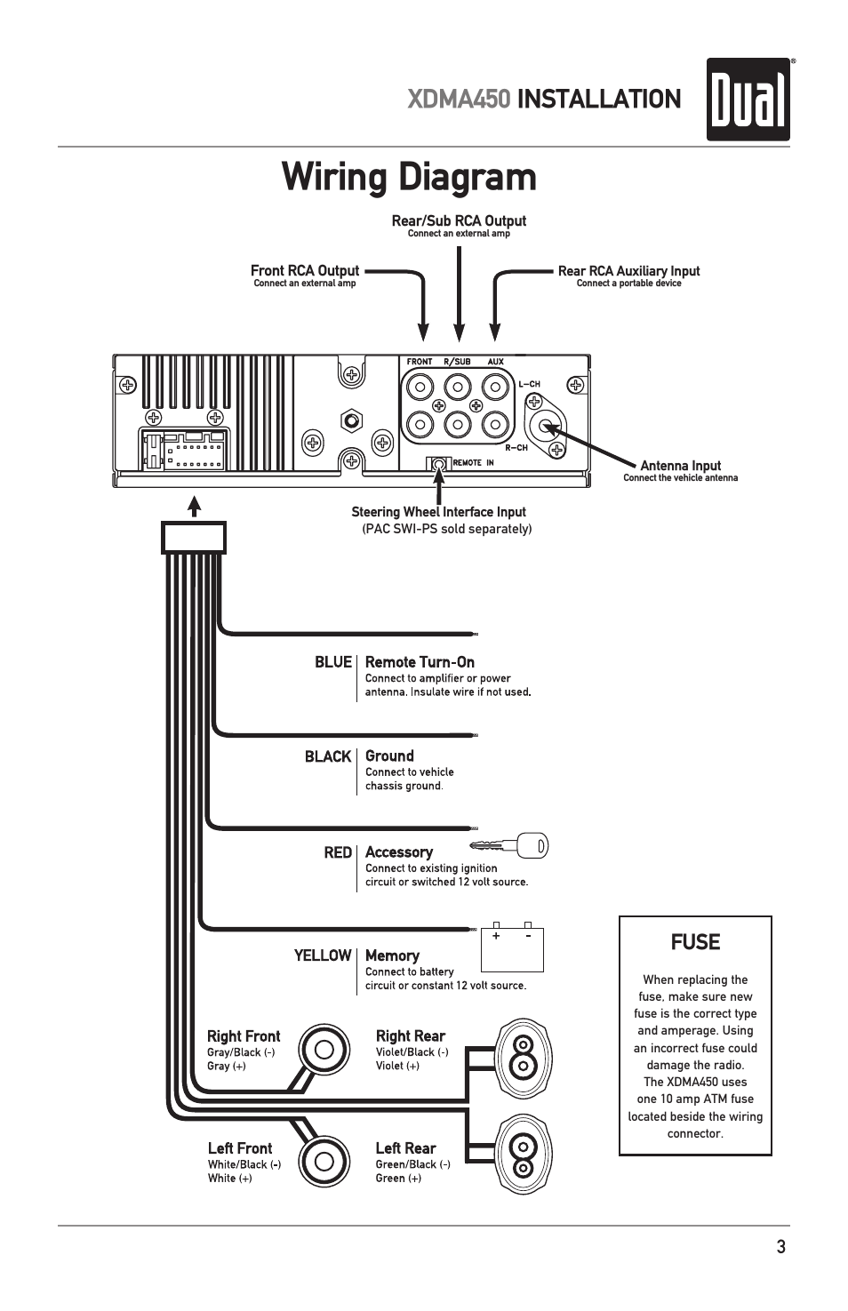 Wiring diagram, Xdma450 installation, Fuse | Dual Electronics XDMA450 User Manual | Page 3 / 28