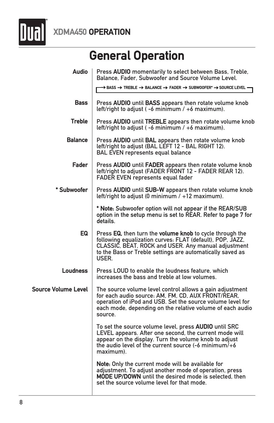 General operation, Xdma450 operation | Dual Electronics XDMA450 User Manual | Page 8 / 28