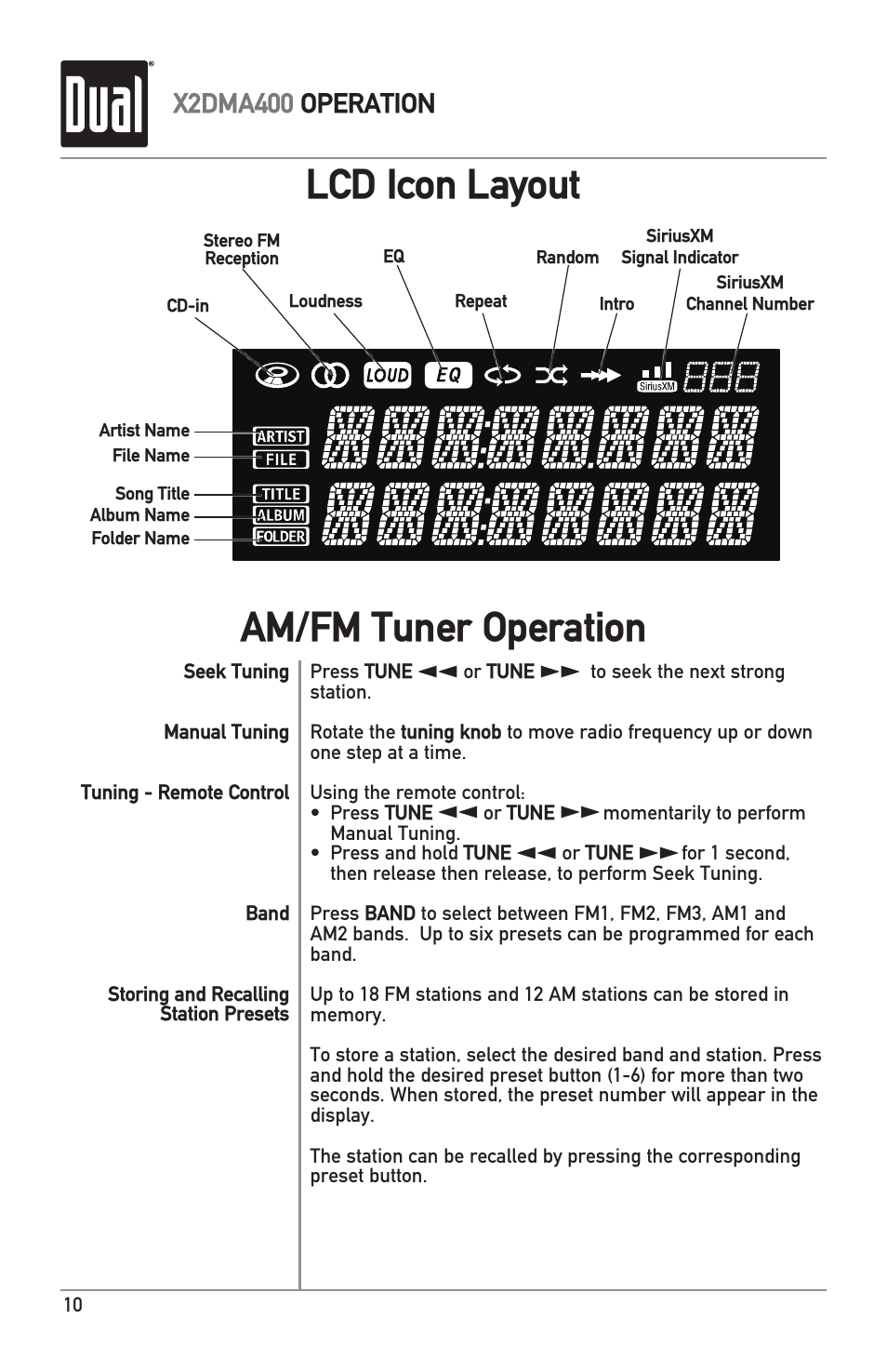 Lcd icon layout, Am/fm tuner operation, X2dma400 operation | Dual Electronics X2DMA400 User Manual | Page 10 / 32