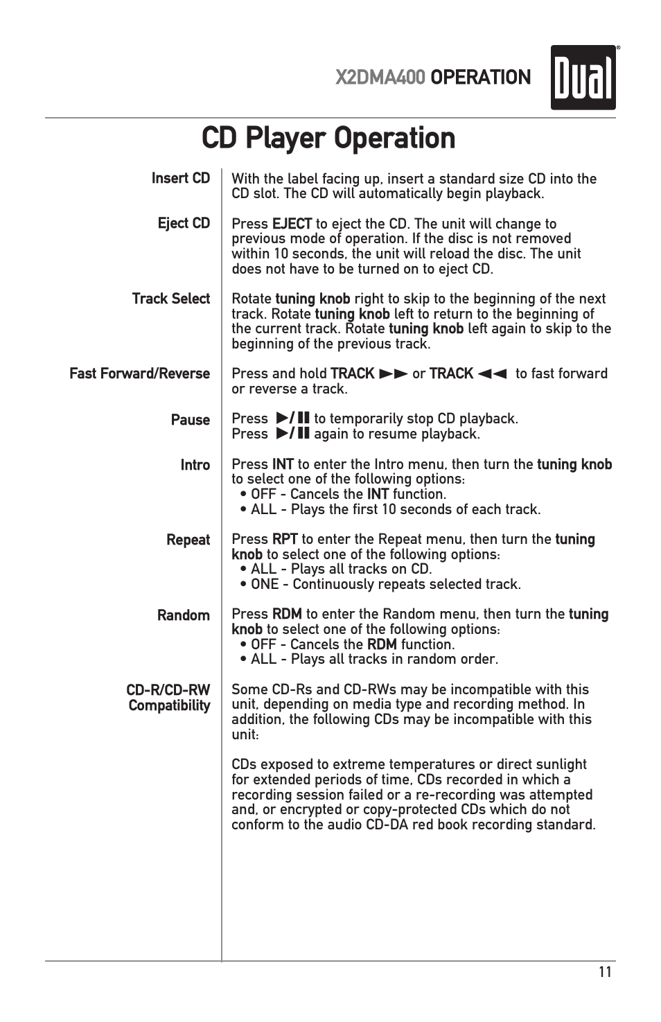Cd player operation, X2dma400 operation | Dual Electronics X2DMA400 User Manual | Page 11 / 32