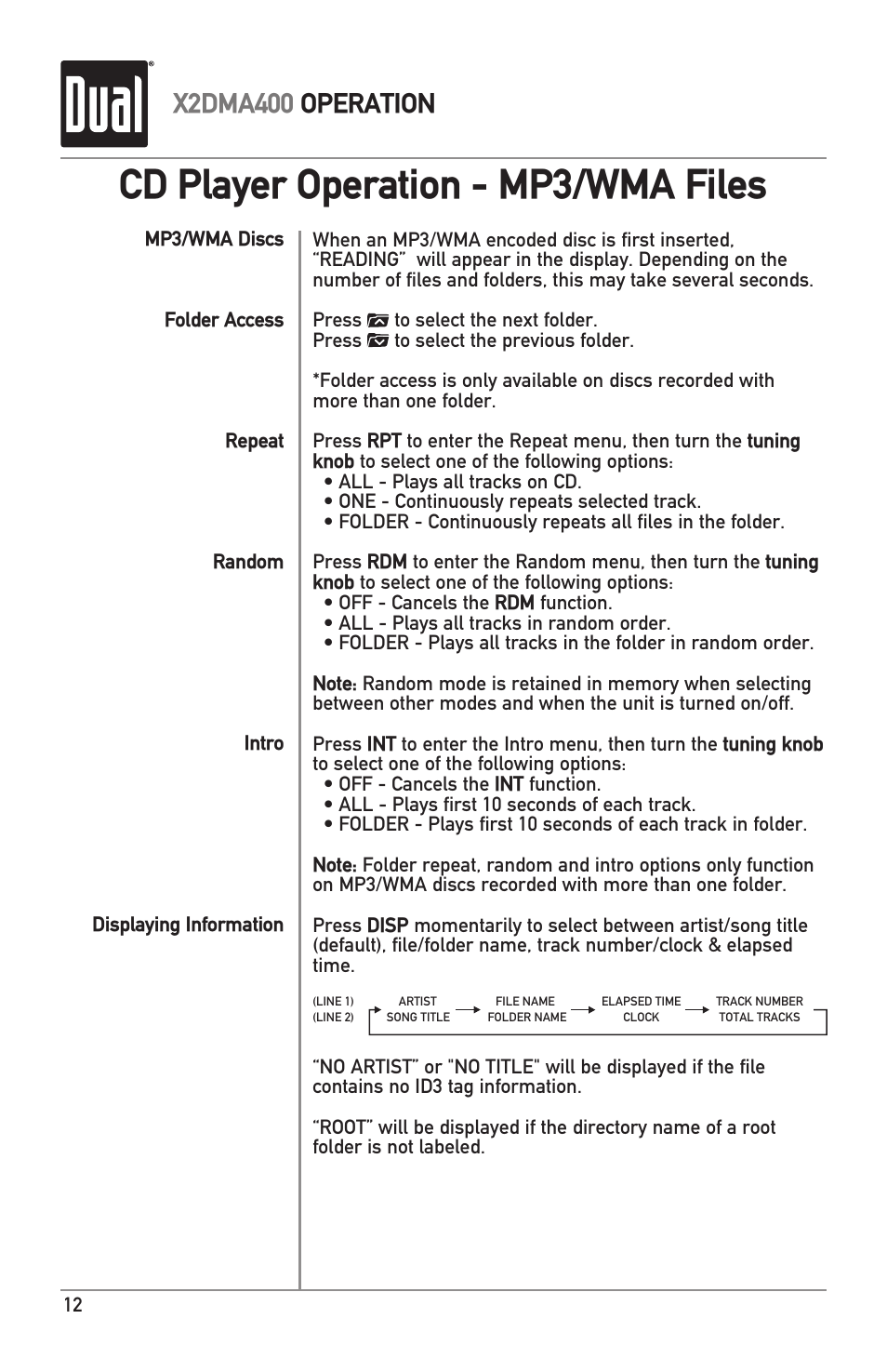 Cd player operation - mp3/wma files, X2dma400 operation | Dual Electronics X2DMA400 User Manual | Page 12 / 32