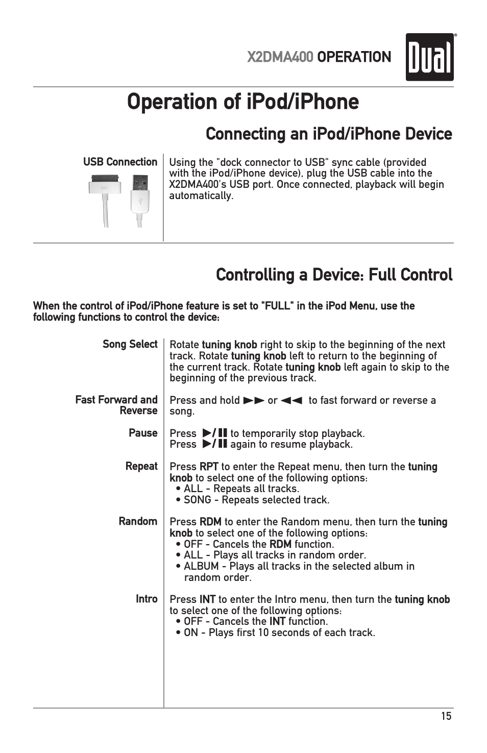 Operation of ipod/iphone, X2dma400 operation | Dual Electronics X2DMA400 User Manual | Page 15 / 32