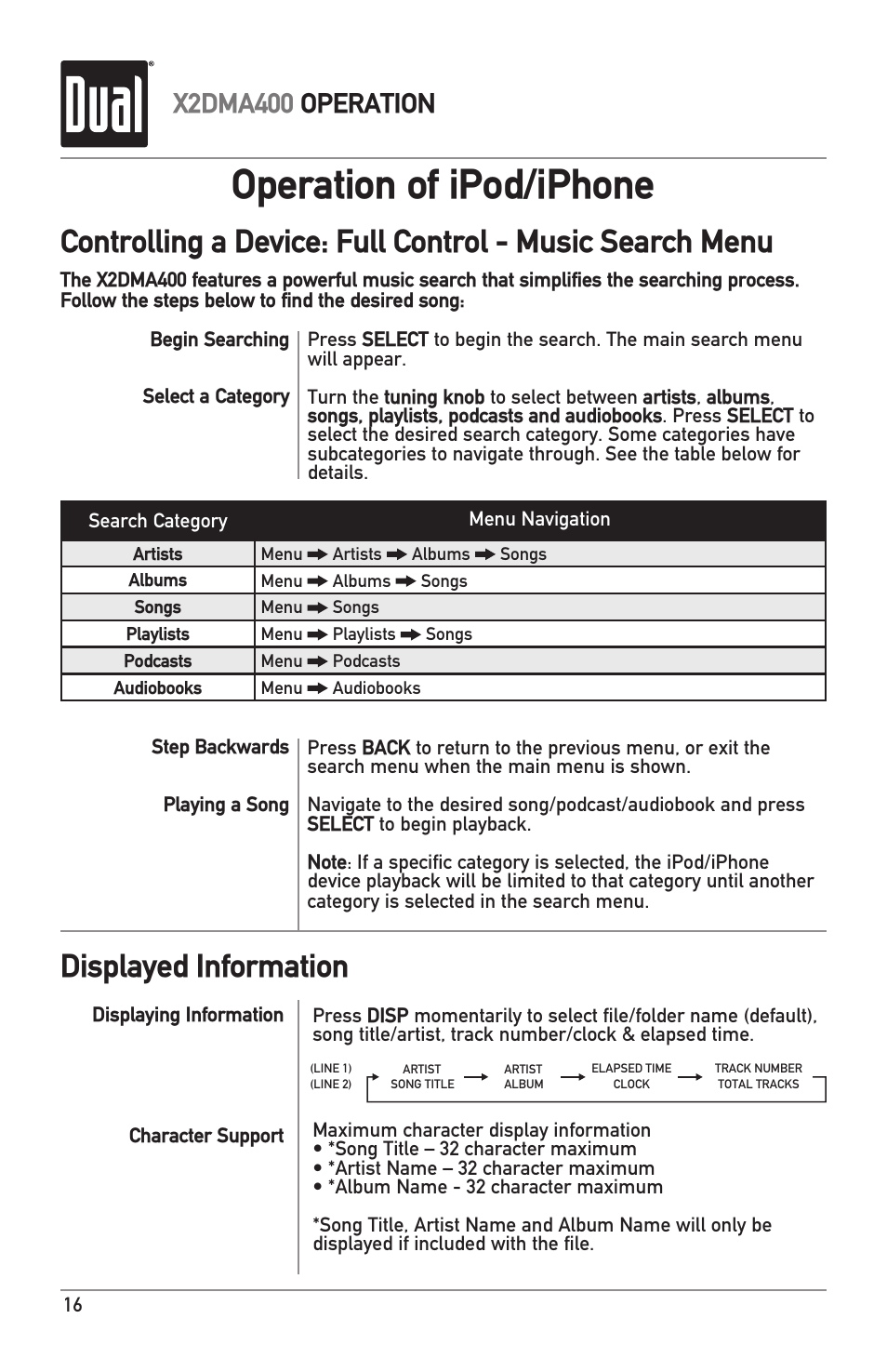 Operation of ipod/iphone, Displayed information, X2dma400 operation | Dual Electronics X2DMA400 User Manual | Page 16 / 32