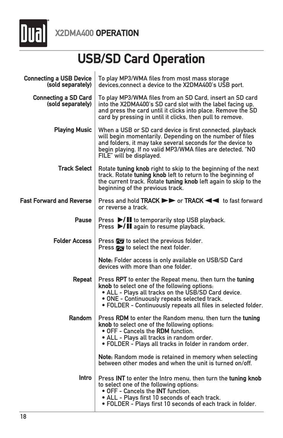 Usb/sd card operation, X2dma400 operation | Dual Electronics X2DMA400 User Manual | Page 18 / 32