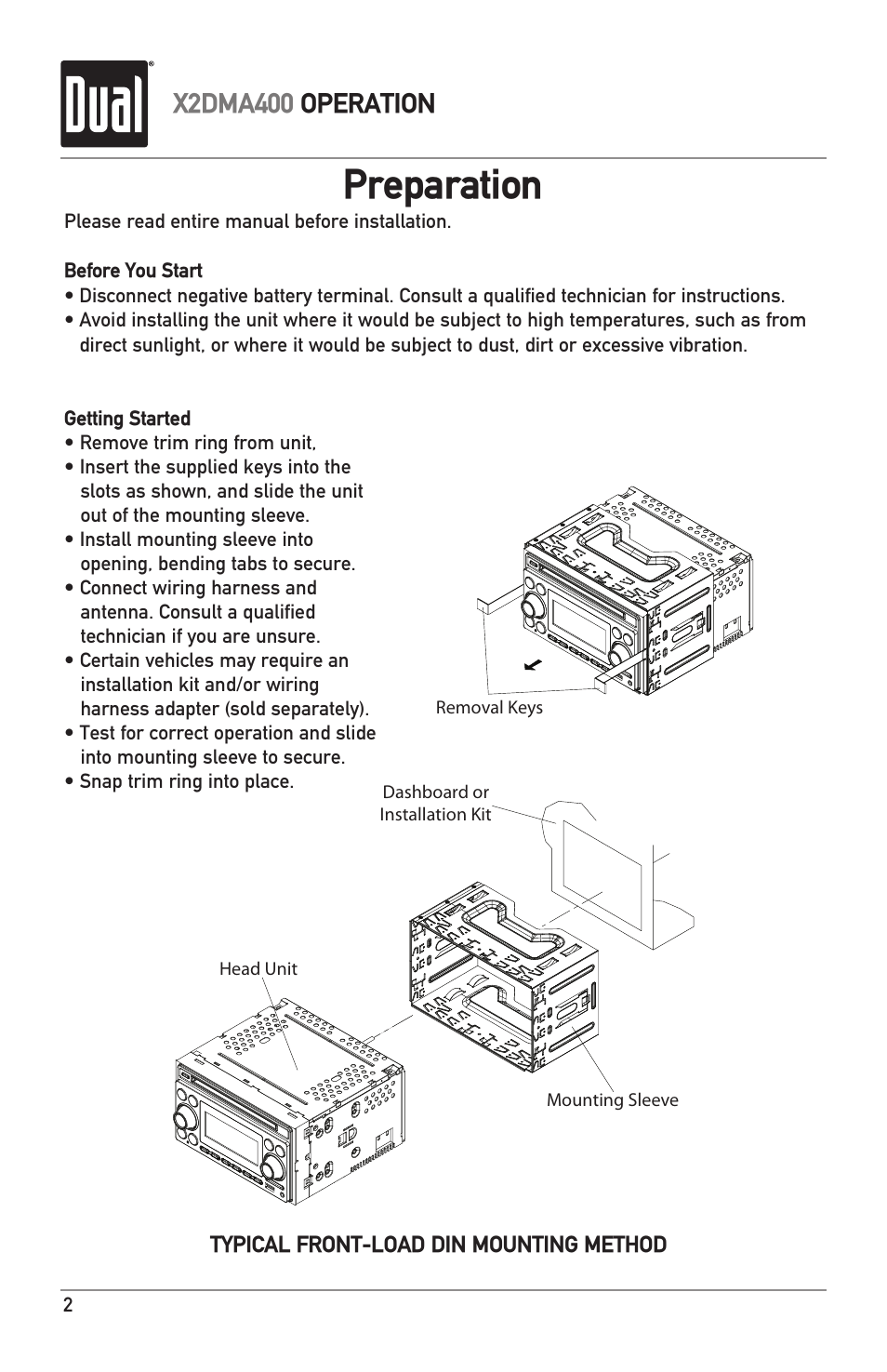 Preparation, X2dma400 operation | Dual Electronics X2DMA400 User Manual | Page 2 / 32