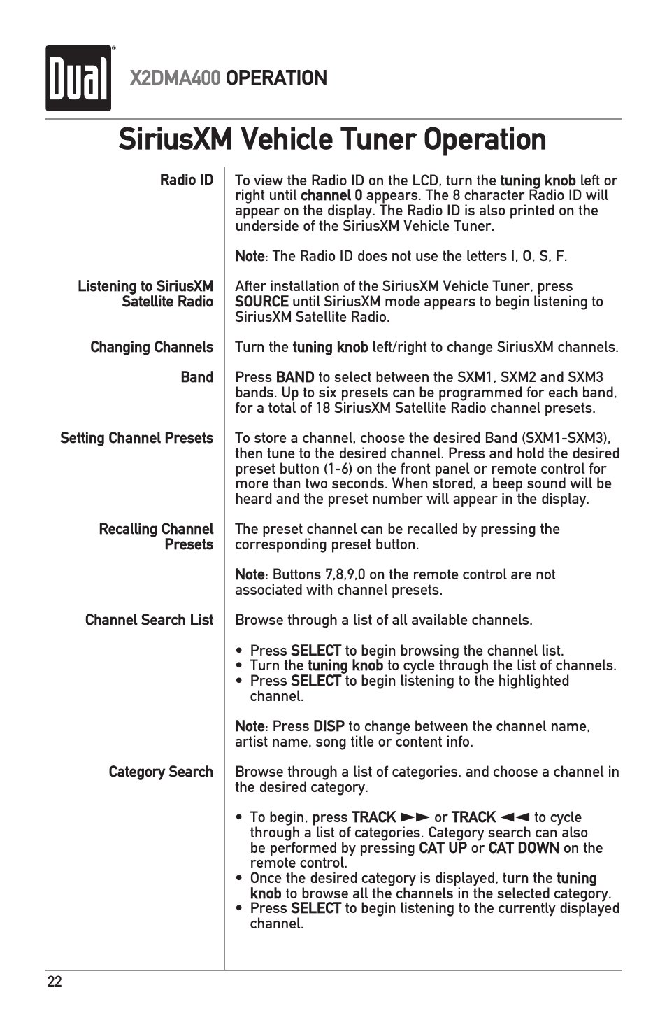 Siriusxm vehicle tuner operation, X2dma400 operation | Dual Electronics X2DMA400 User Manual | Page 22 / 32