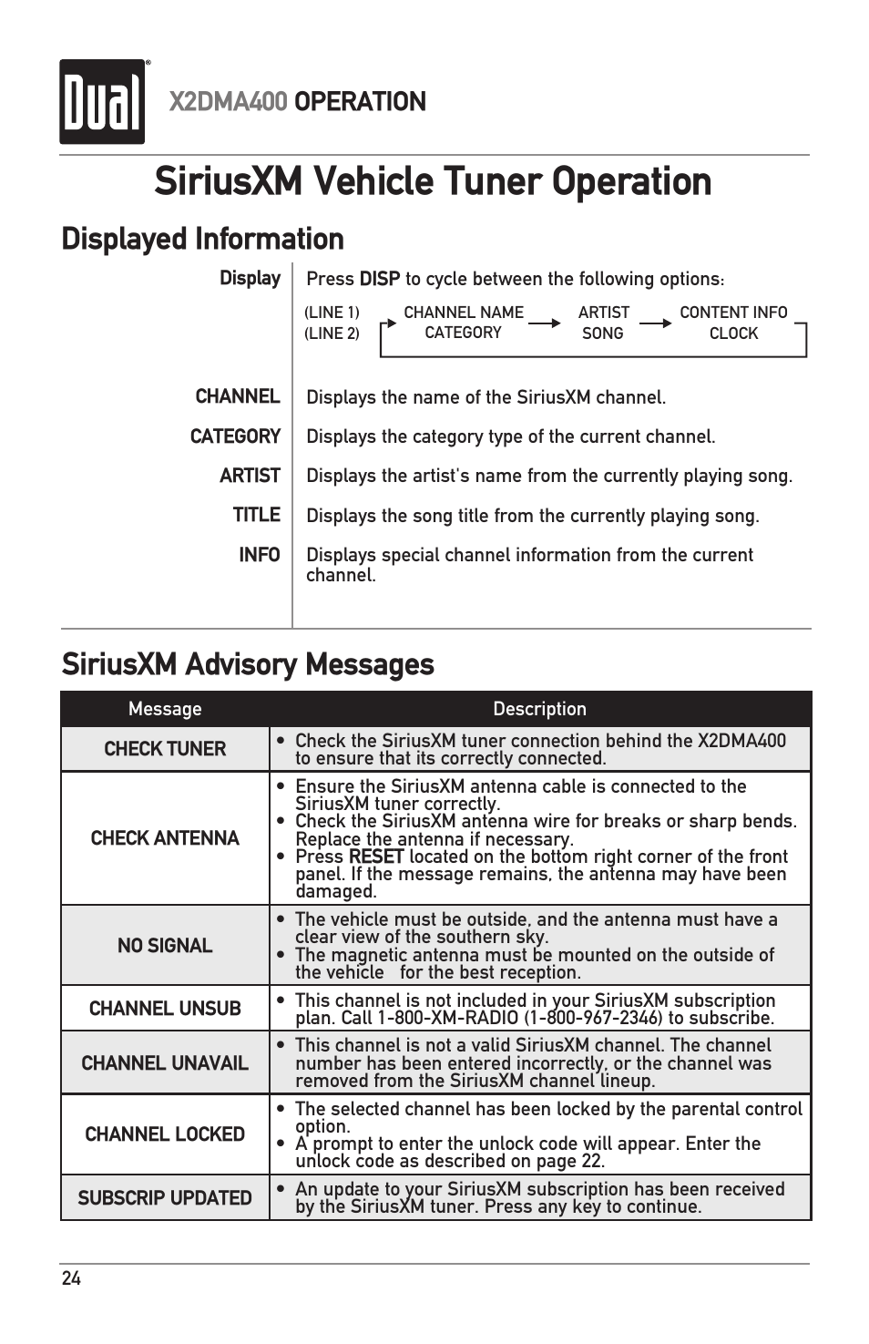 Siriusxm vehicle tuner operation, Displayed information, Siriusxm advisory messages | X2dma400 operation | Dual Electronics X2DMA400 User Manual | Page 24 / 32