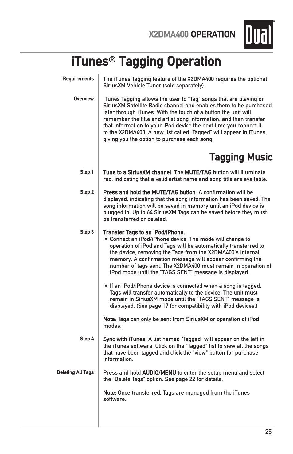 Itunes, Tagging operation, Tagging music | X2dma400 operation | Dual Electronics X2DMA400 User Manual | Page 25 / 32