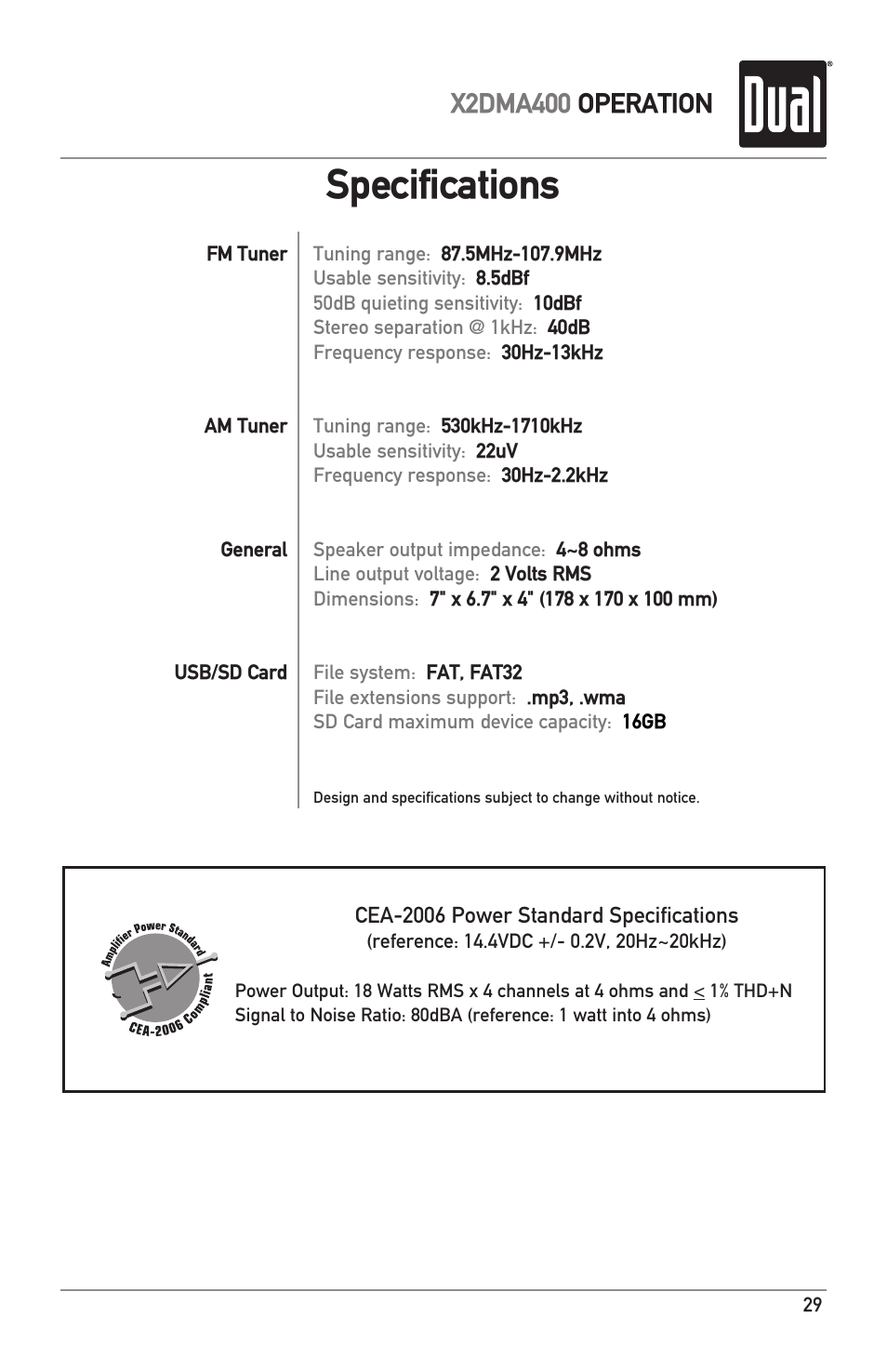 Specifications, X2dma400 operation | Dual Electronics X2DMA400 User Manual | Page 29 / 32
