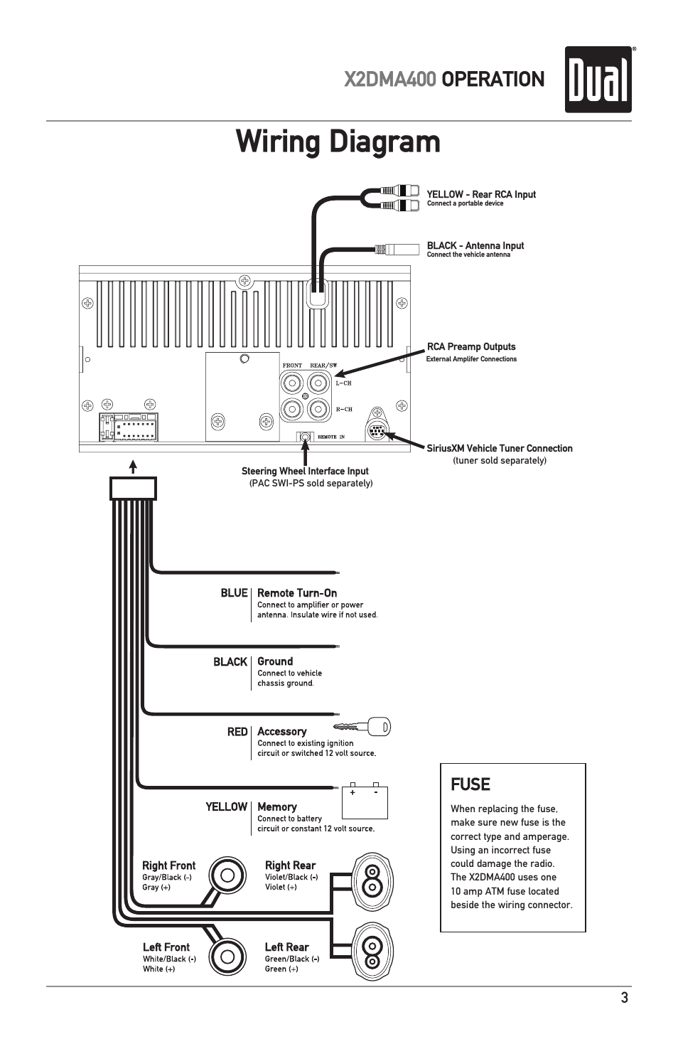 Wiring diagram, X2dma400 operation, Fuse | Dual Electronics X2DMA400 User Manual | Page 3 / 32