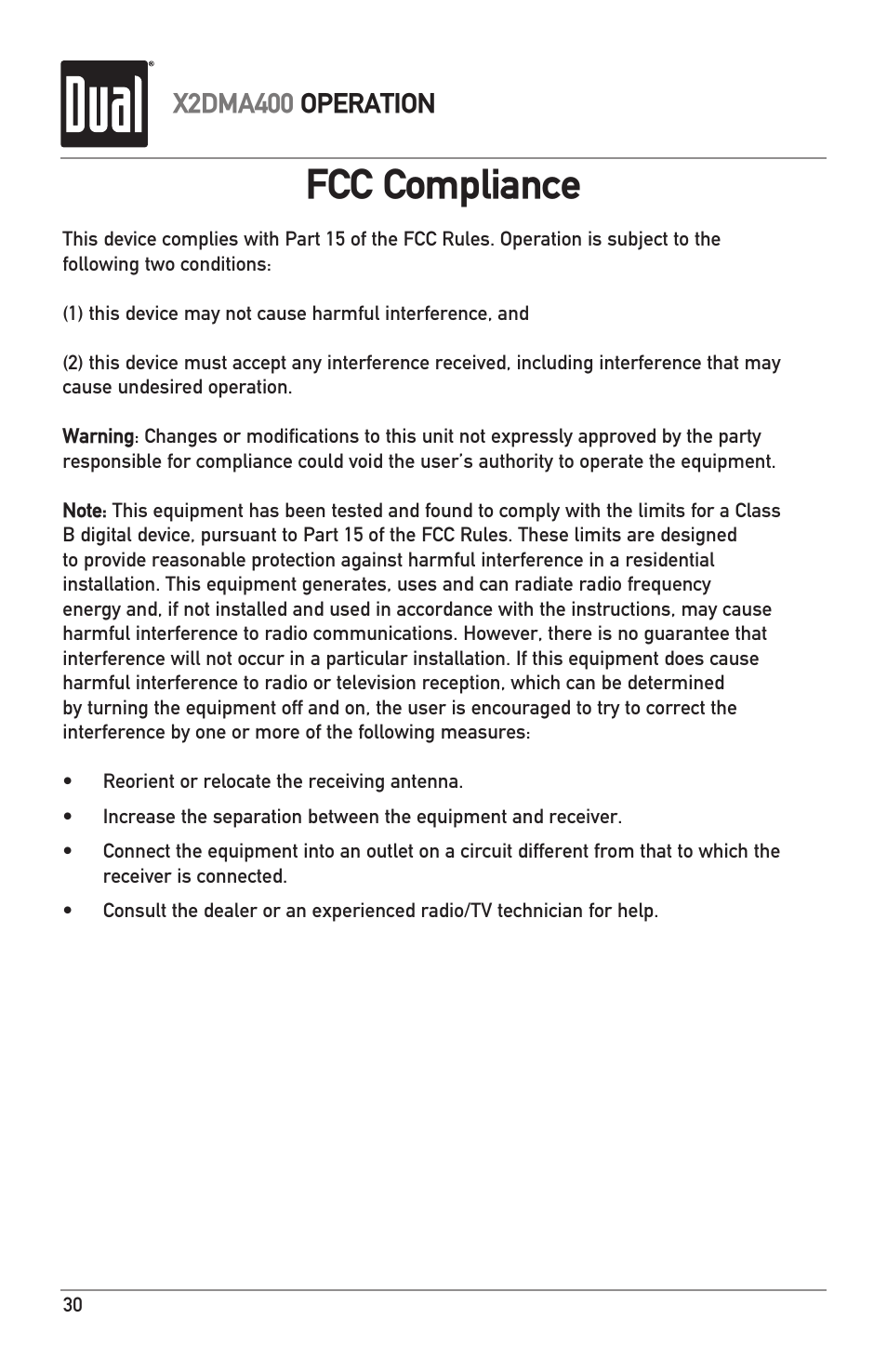 Fcc compliance, X2dma400 operation | Dual Electronics X2DMA400 User Manual | Page 30 / 32