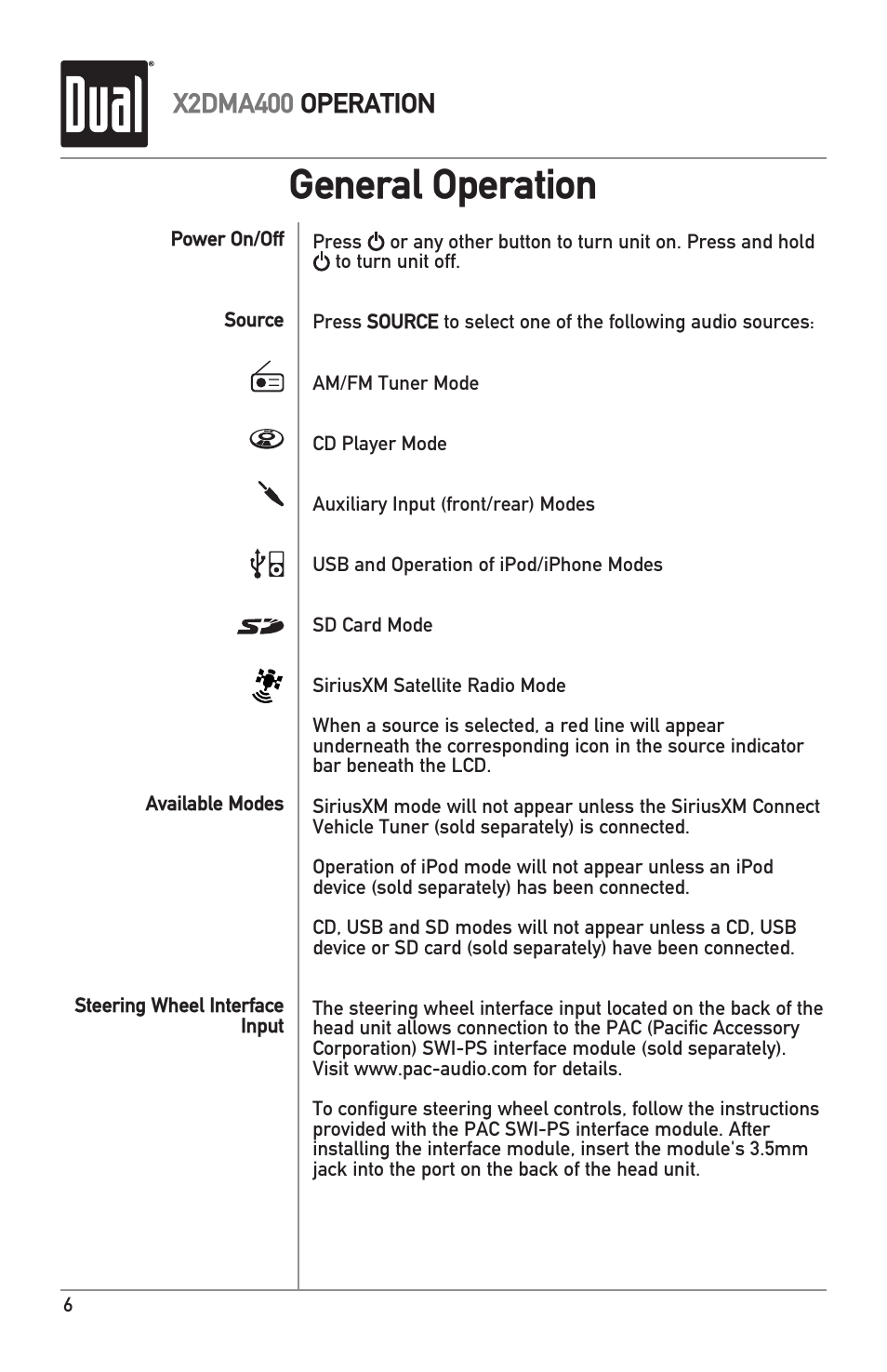 General operation, X2dma400 operation | Dual Electronics X2DMA400 User Manual | Page 6 / 32