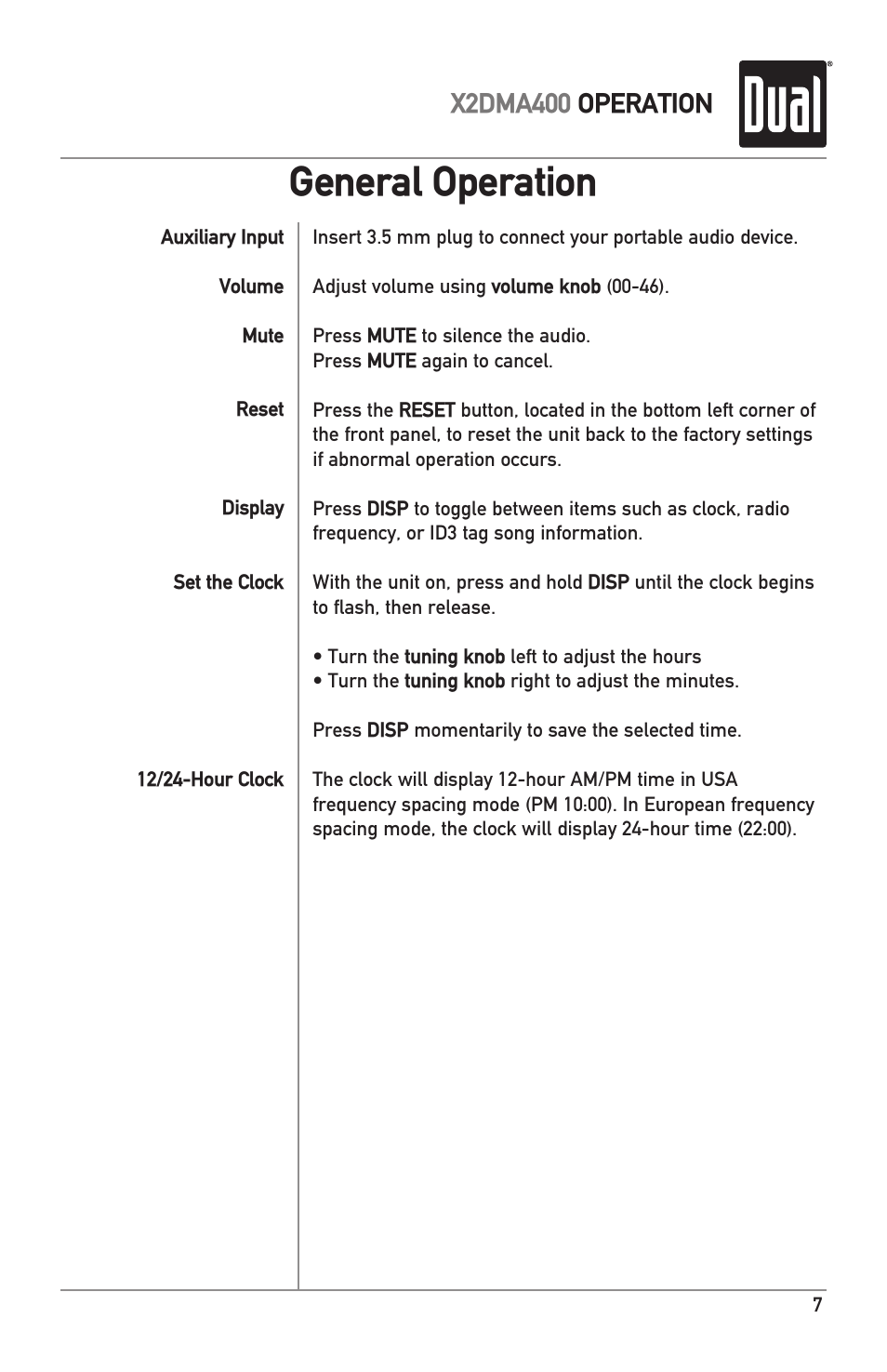 General operation, X2dma400 operation | Dual Electronics X2DMA400 User Manual | Page 7 / 32