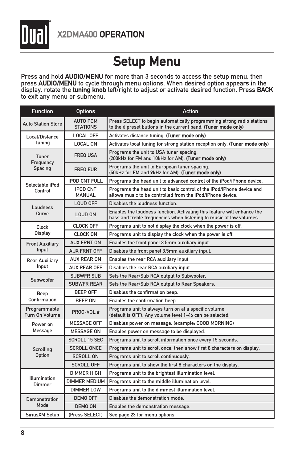 Setup menu, X2dma400 operation | Dual Electronics X2DMA400 User Manual | Page 8 / 32
