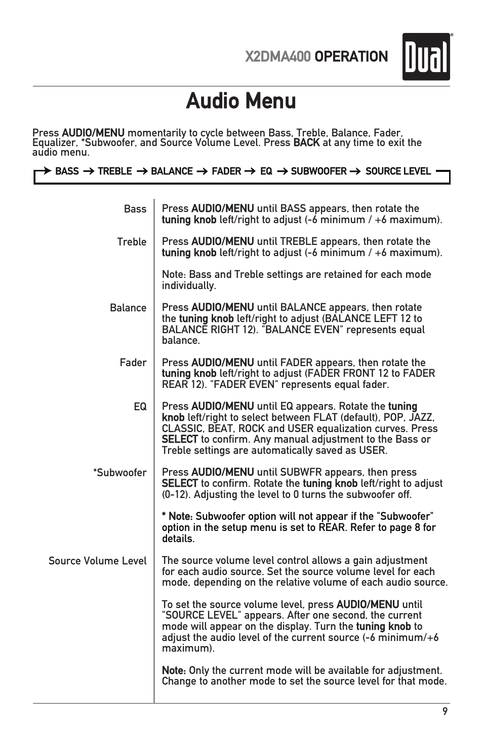 Audio menu, X2dma400 operation | Dual Electronics X2DMA400 User Manual | Page 9 / 32