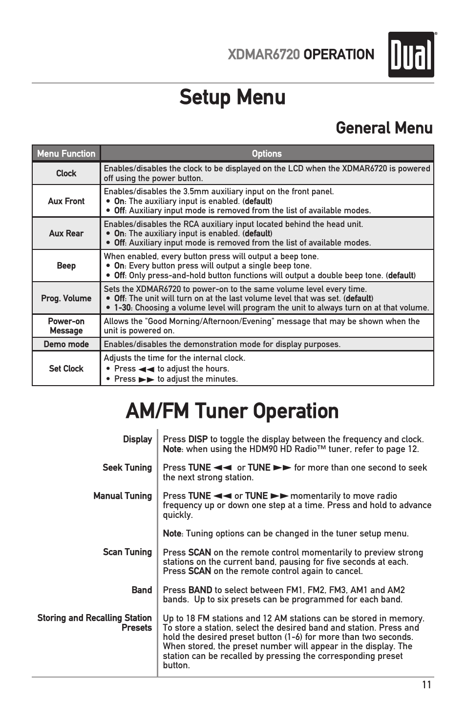 Am/fm tuner operation setup menu, General menu, Xdmar6720 operation | Dual Electronics XDMAR6720 User Manual | Page 11 / 36