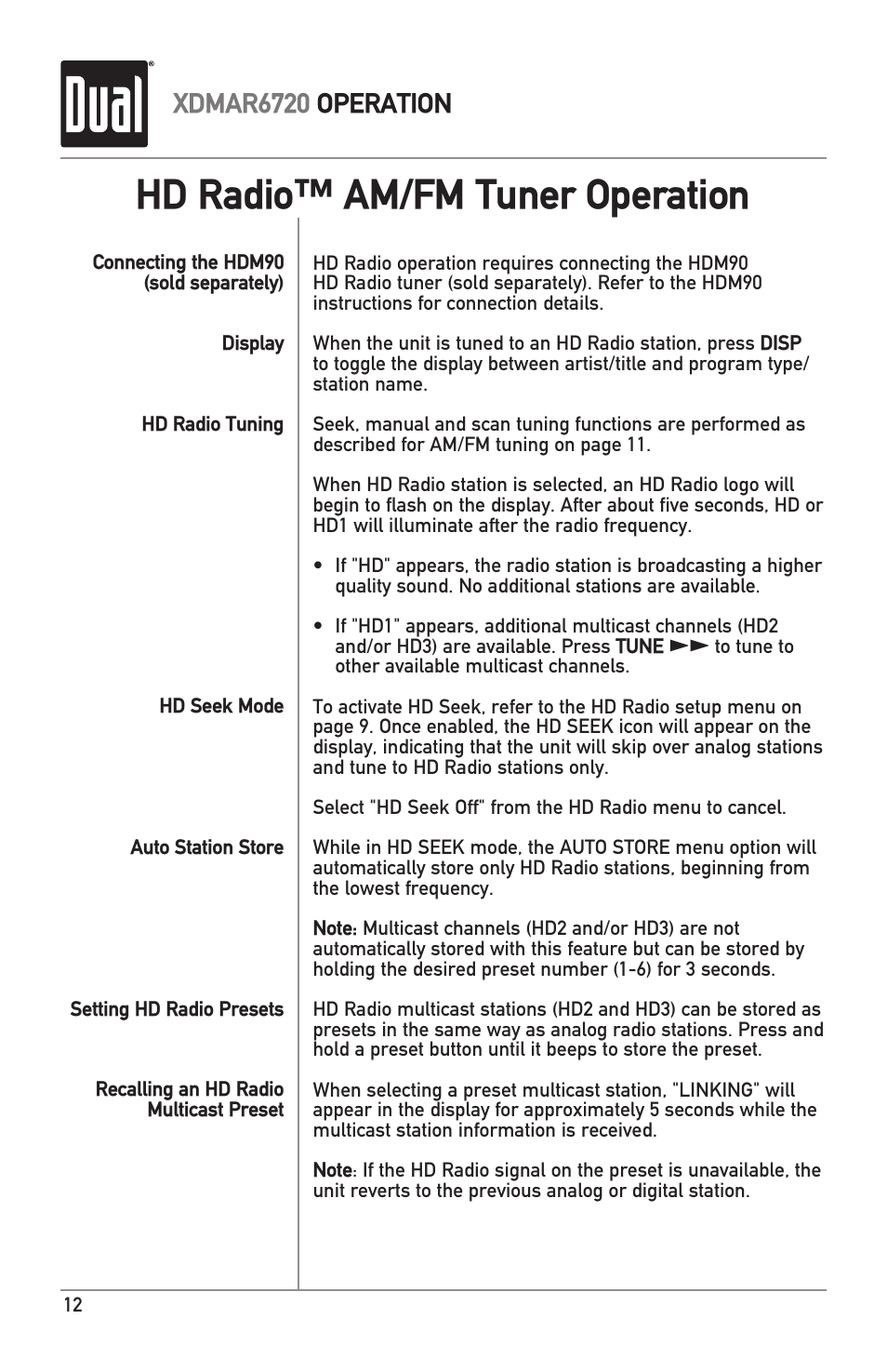 Hd radio™ am/fm tuner operation, Xdmar6720 operation | Dual Electronics XDMAR6720 User Manual | Page 12 / 36