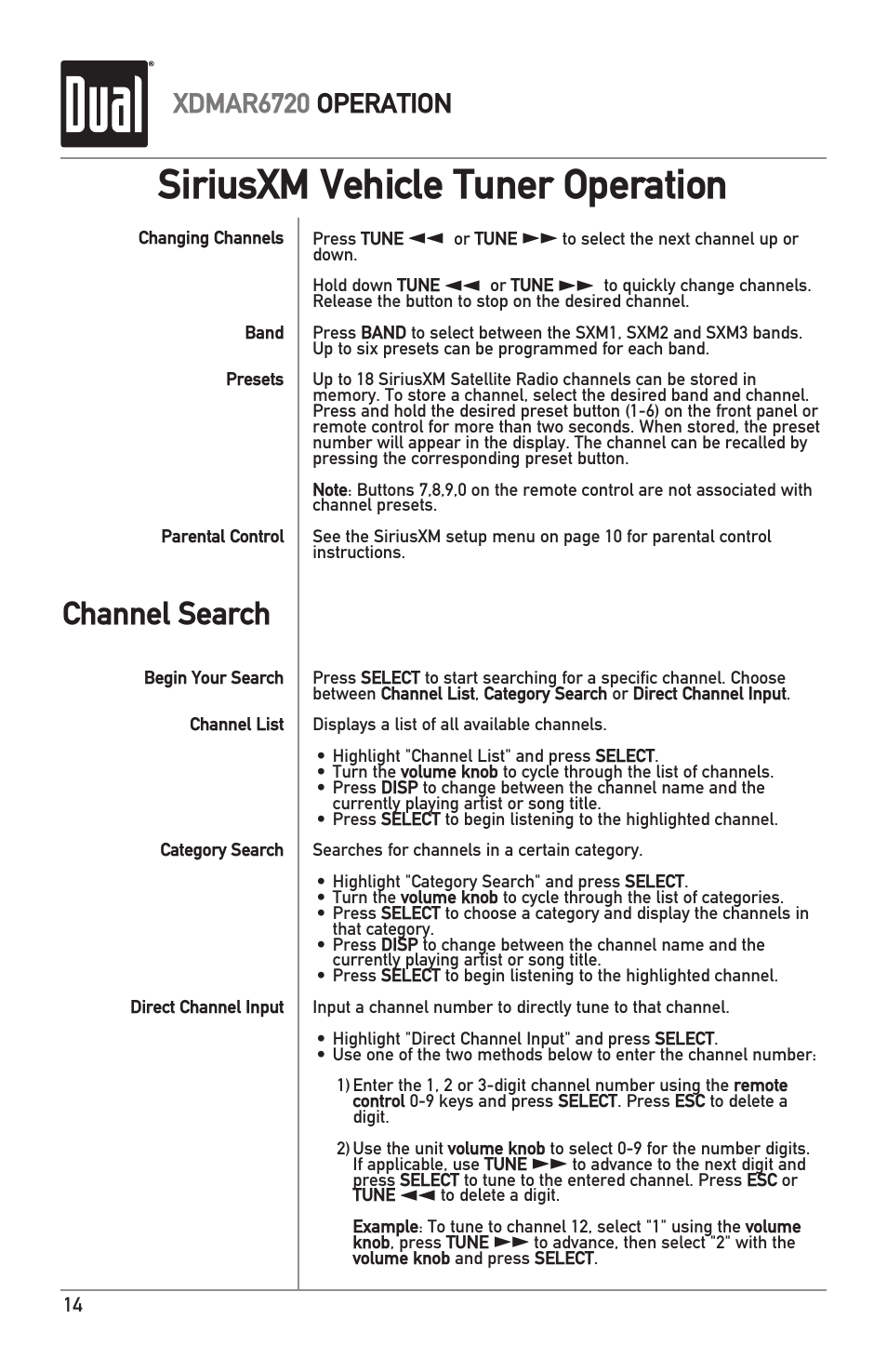 Siriusxm vehicle tuner operation, Channel search, Xdmar6720 operation | Dual Electronics XDMAR6720 User Manual | Page 14 / 36