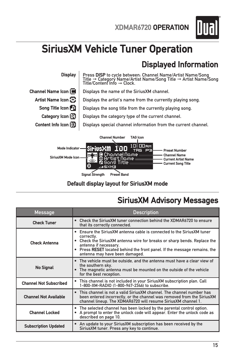 Siriusxm vehicle tuner operation, Displayed information, Siriusxm advisory messages | Xdmar6720 operation, Default display layout for siriusxm mode | Dual Electronics XDMAR6720 User Manual | Page 15 / 36