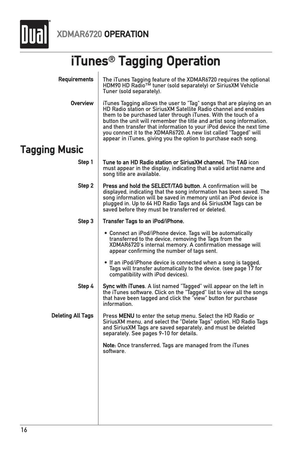 Itunes, Tagging operation, Tagging music | Xdmar6720 operation | Dual Electronics XDMAR6720 User Manual | Page 16 / 36