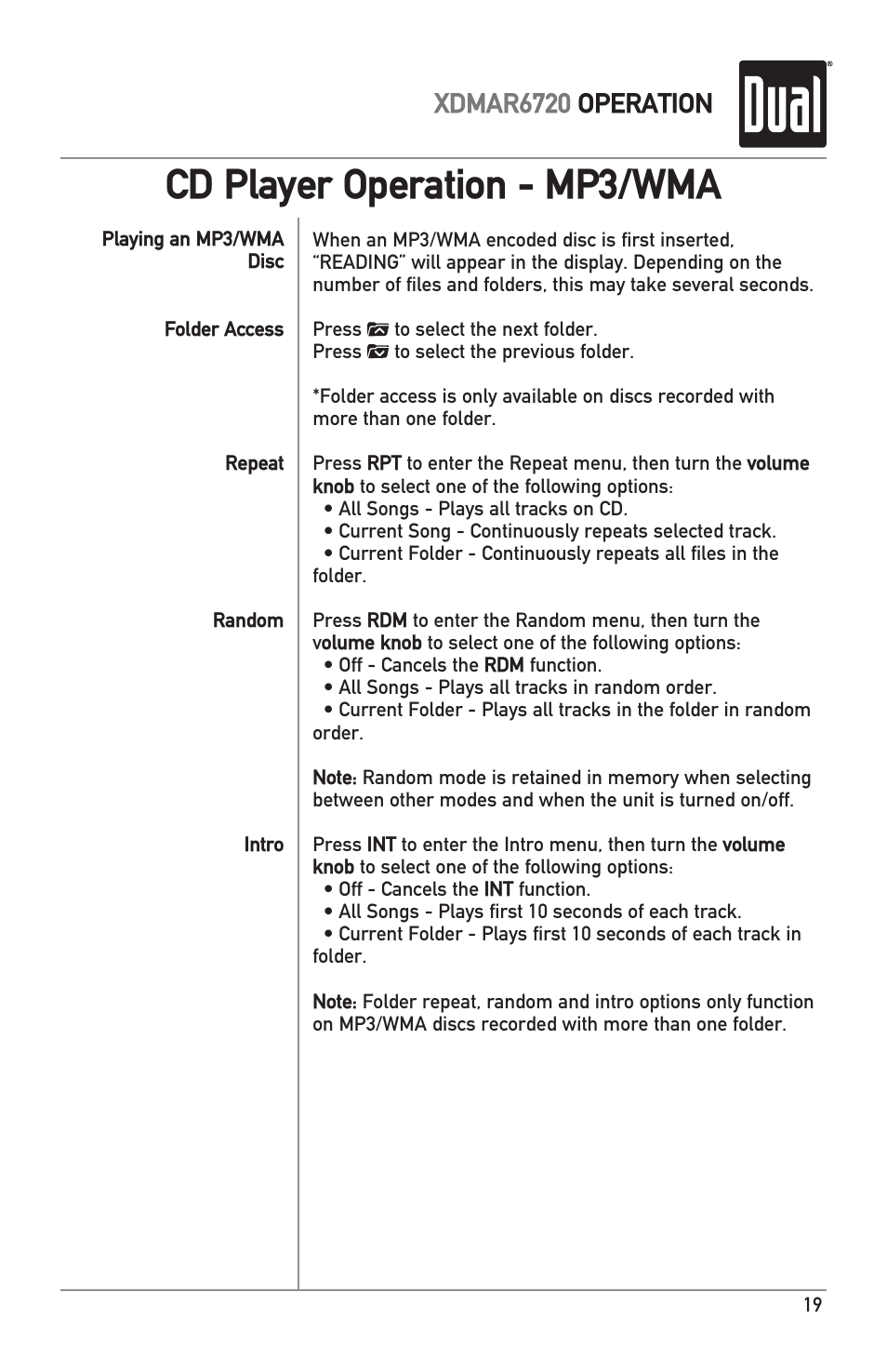 Cd player operation - mp3/wma, Xdmar6720 operation | Dual Electronics XDMAR6720 User Manual | Page 19 / 36