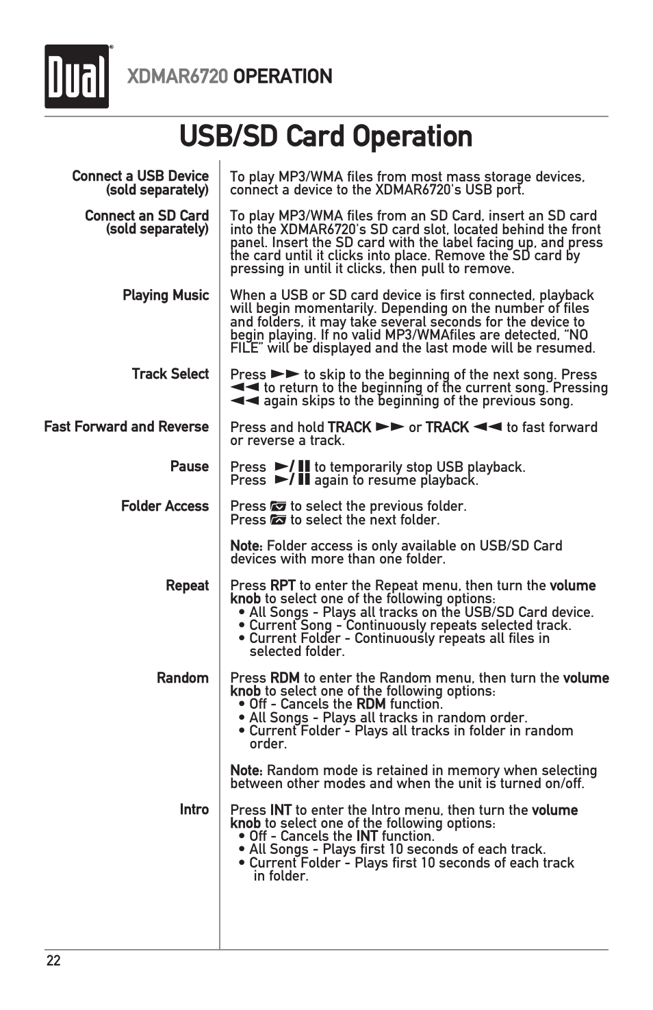 Usb/sd card operation, Xdmar6720 operation | Dual Electronics XDMAR6720 User Manual | Page 22 / 36