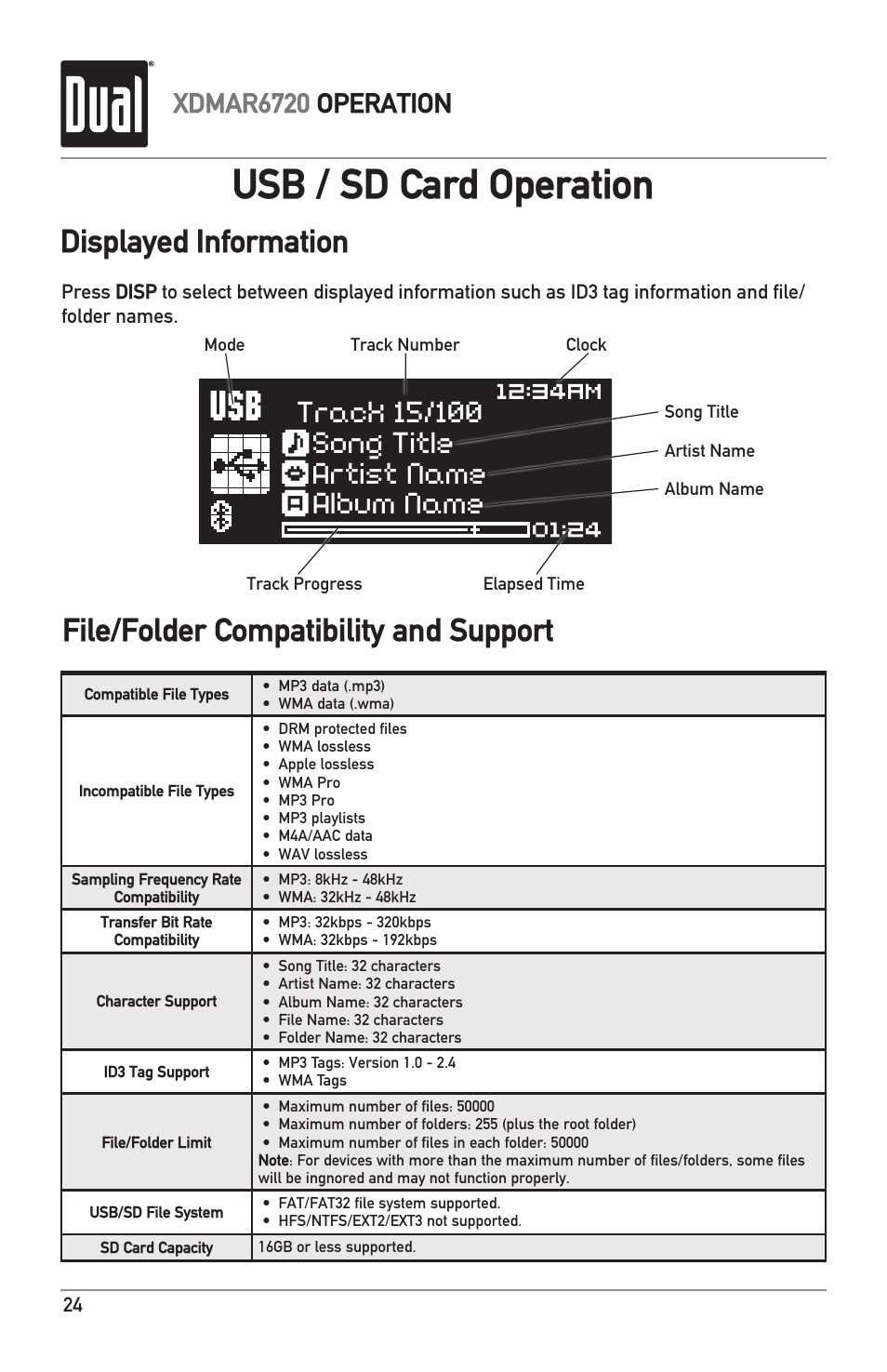 Usb / sd card operation, Displayed information, File/folder compatibility and support | Xdmar6720 operation | Dual Electronics XDMAR6720 User Manual | Page 24 / 36