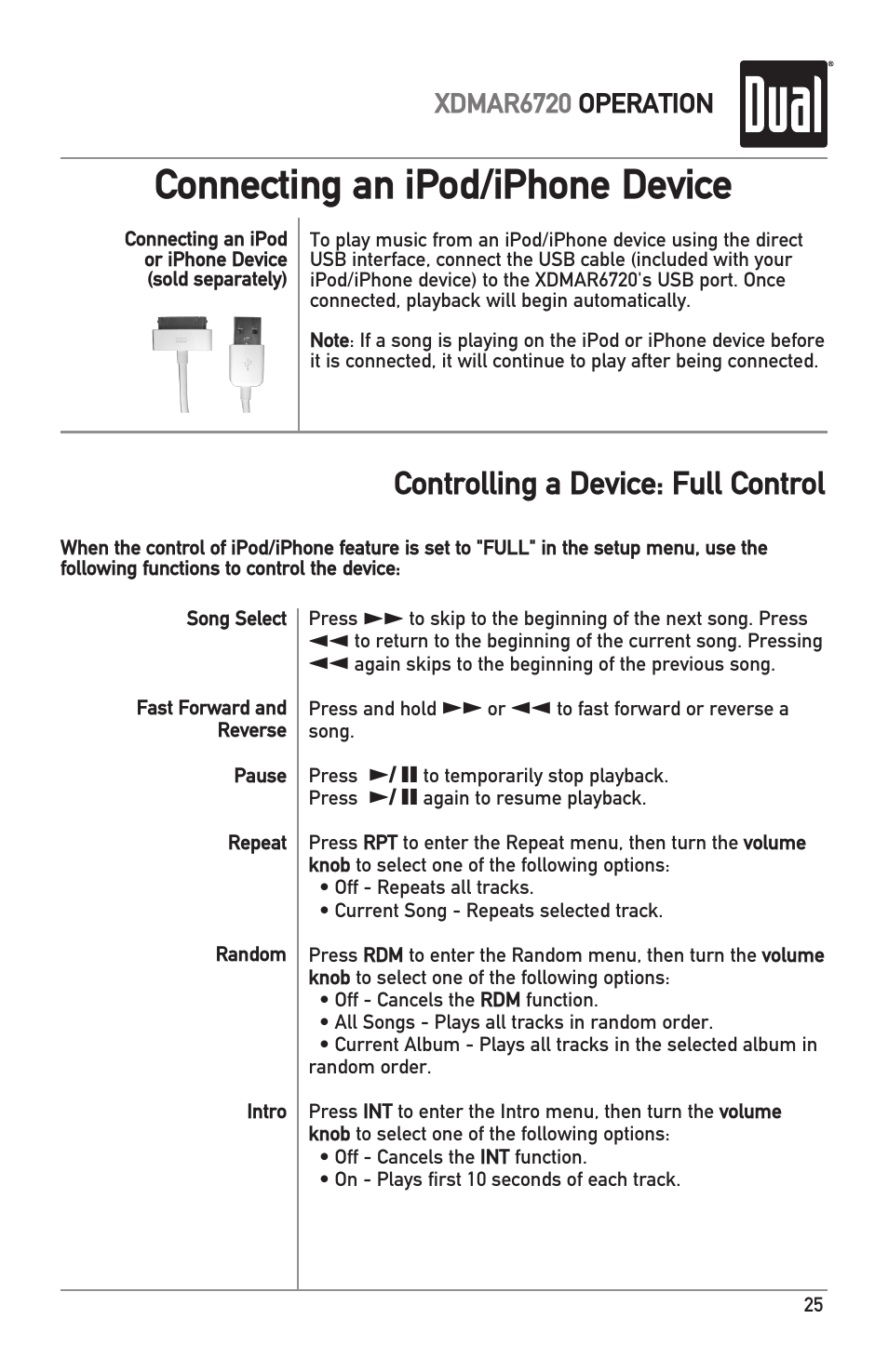 Connecting an ipod/iphone device, Controlling a device: full control, Xdmar6720 operation | Dual Electronics XDMAR6720 User Manual | Page 25 / 36