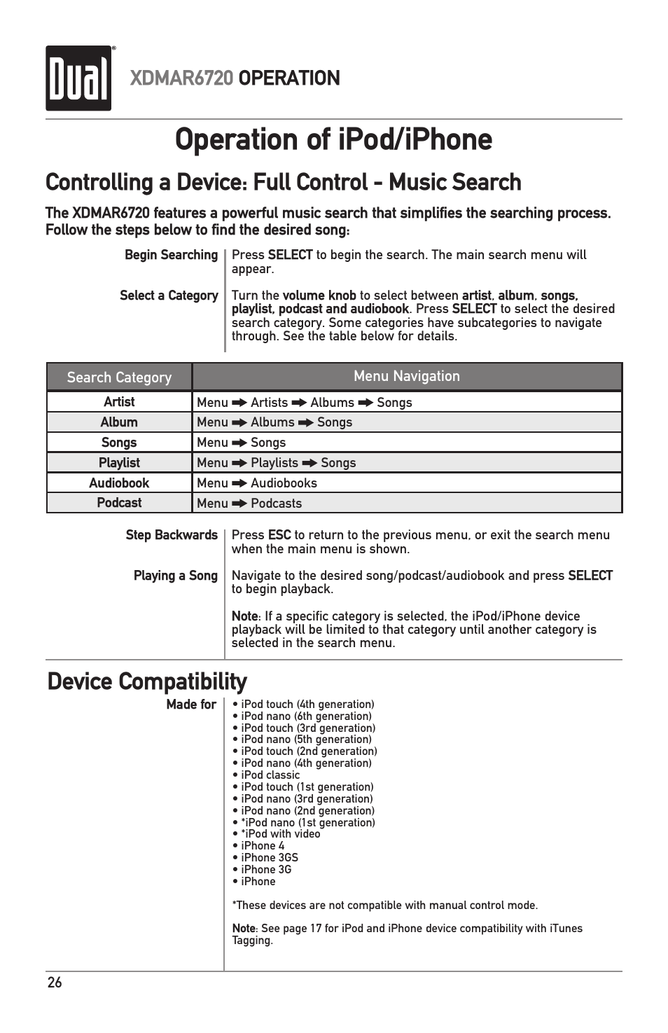Operation of ipod/iphone, Controlling a device: full control - music search, Device compatibility | Xdmar6720 operation | Dual Electronics XDMAR6720 User Manual | Page 26 / 36
