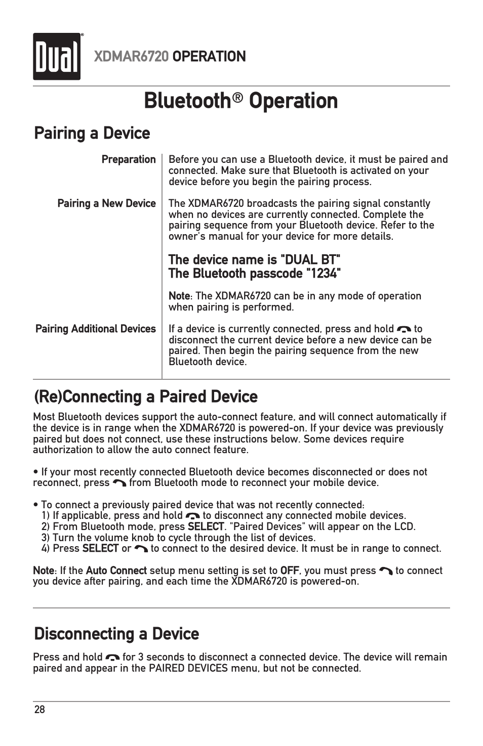 Bluetooth, Operation, Xdmar6720 operation | Dual Electronics XDMAR6720 User Manual | Page 28 / 36