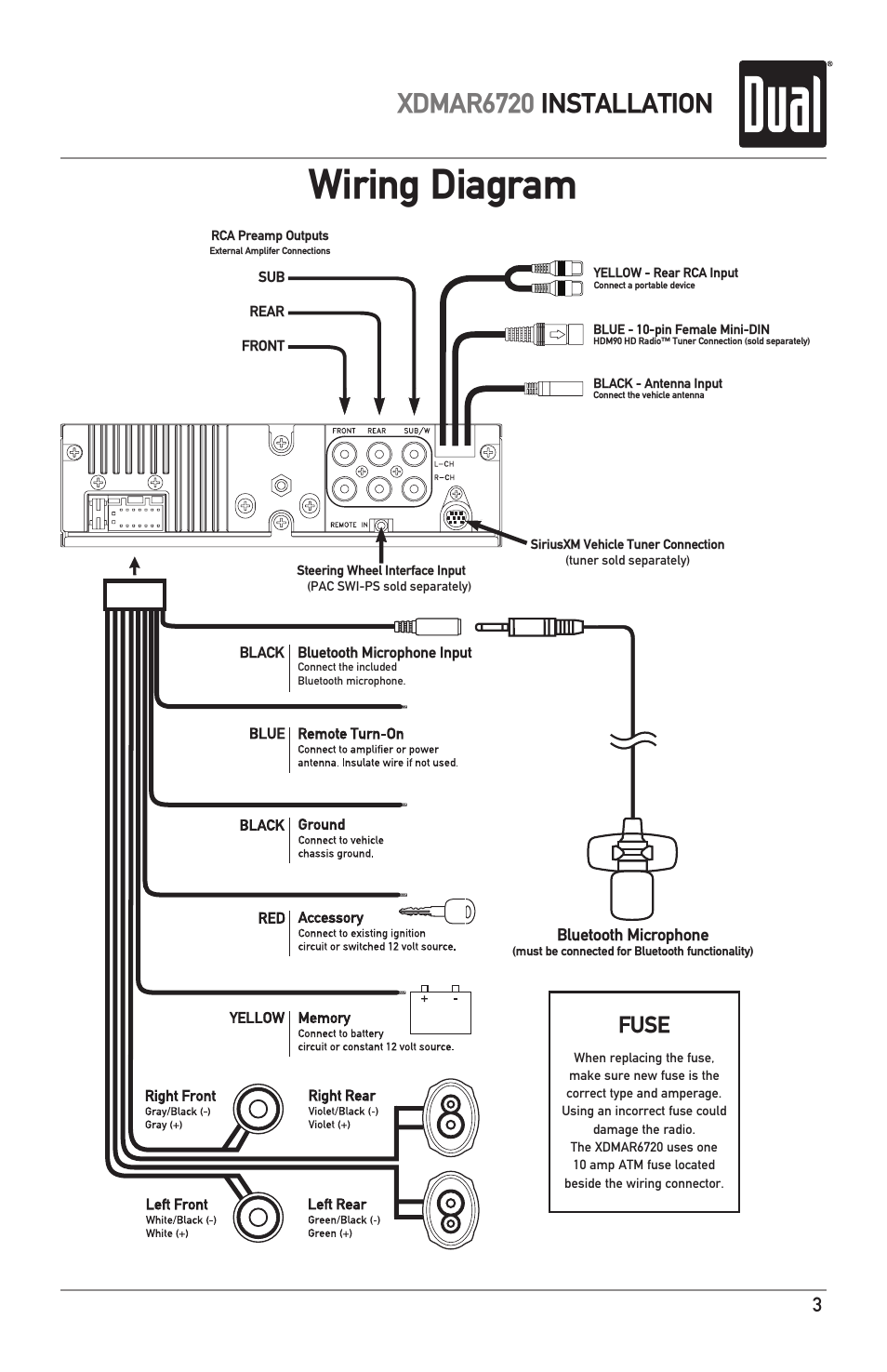 Wiring diagram, Xdmar6720 installation, Fuse | Dual Electronics XDMAR6720 User Manual | Page 3 / 36