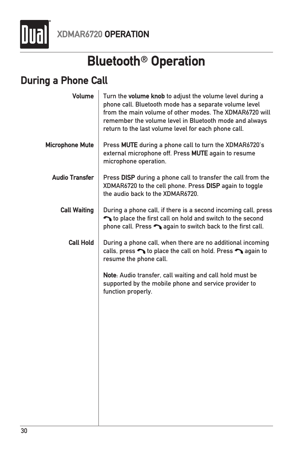 Bluetooth, Operation, During a phone call | Xdmar6720 operation | Dual Electronics XDMAR6720 User Manual | Page 30 / 36