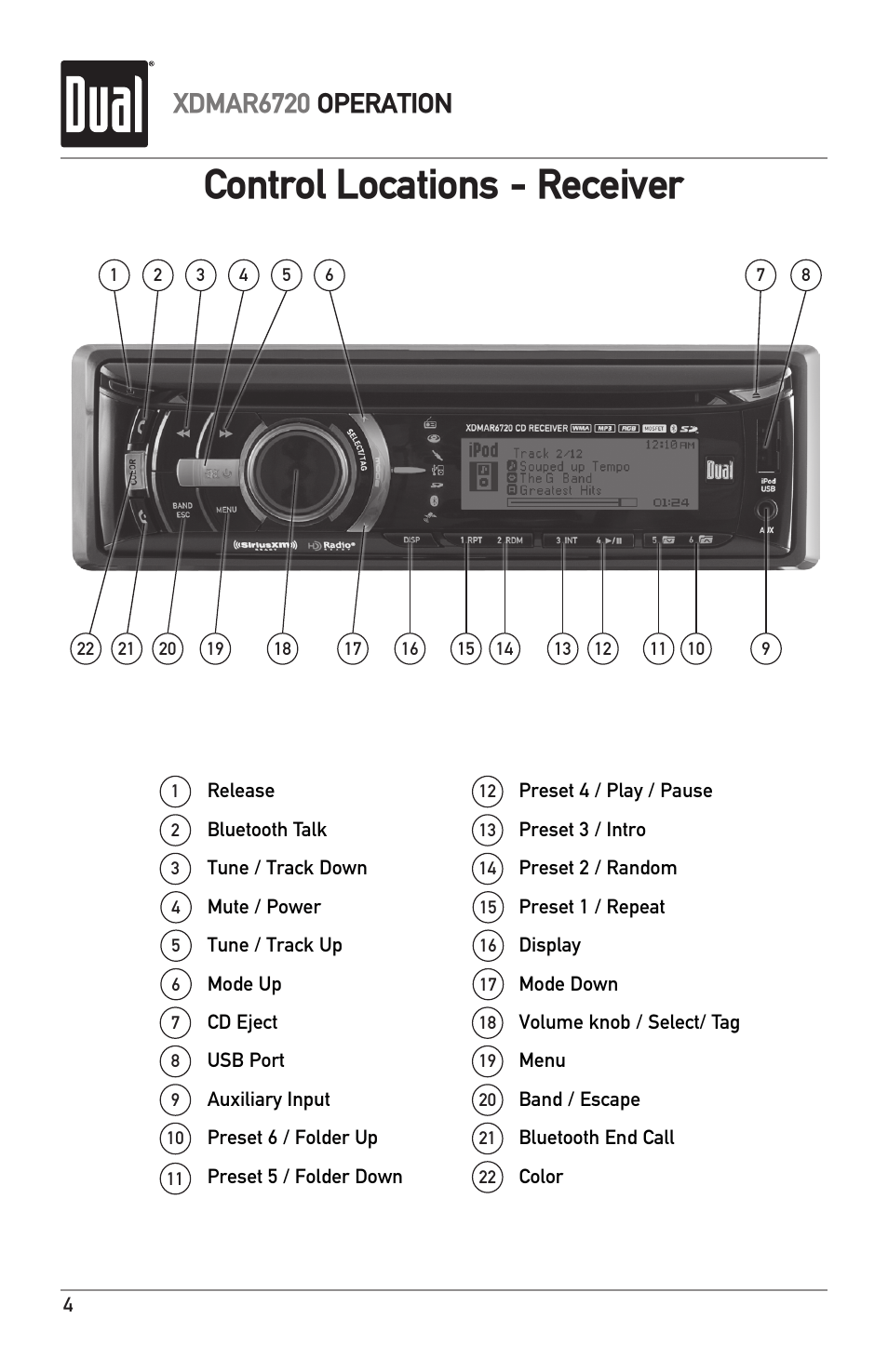 Control locations - receiver, Xdmar6720 operation | Dual Electronics XDMAR6720 User Manual | Page 4 / 36