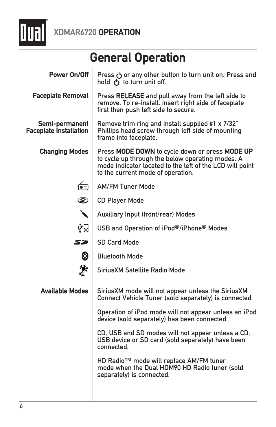 General operation, Xdmar6720 operation | Dual Electronics XDMAR6720 User Manual | Page 6 / 36
