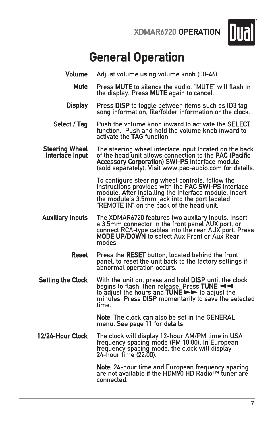 General operation | Dual Electronics XDMAR6720 User Manual | Page 7 / 36