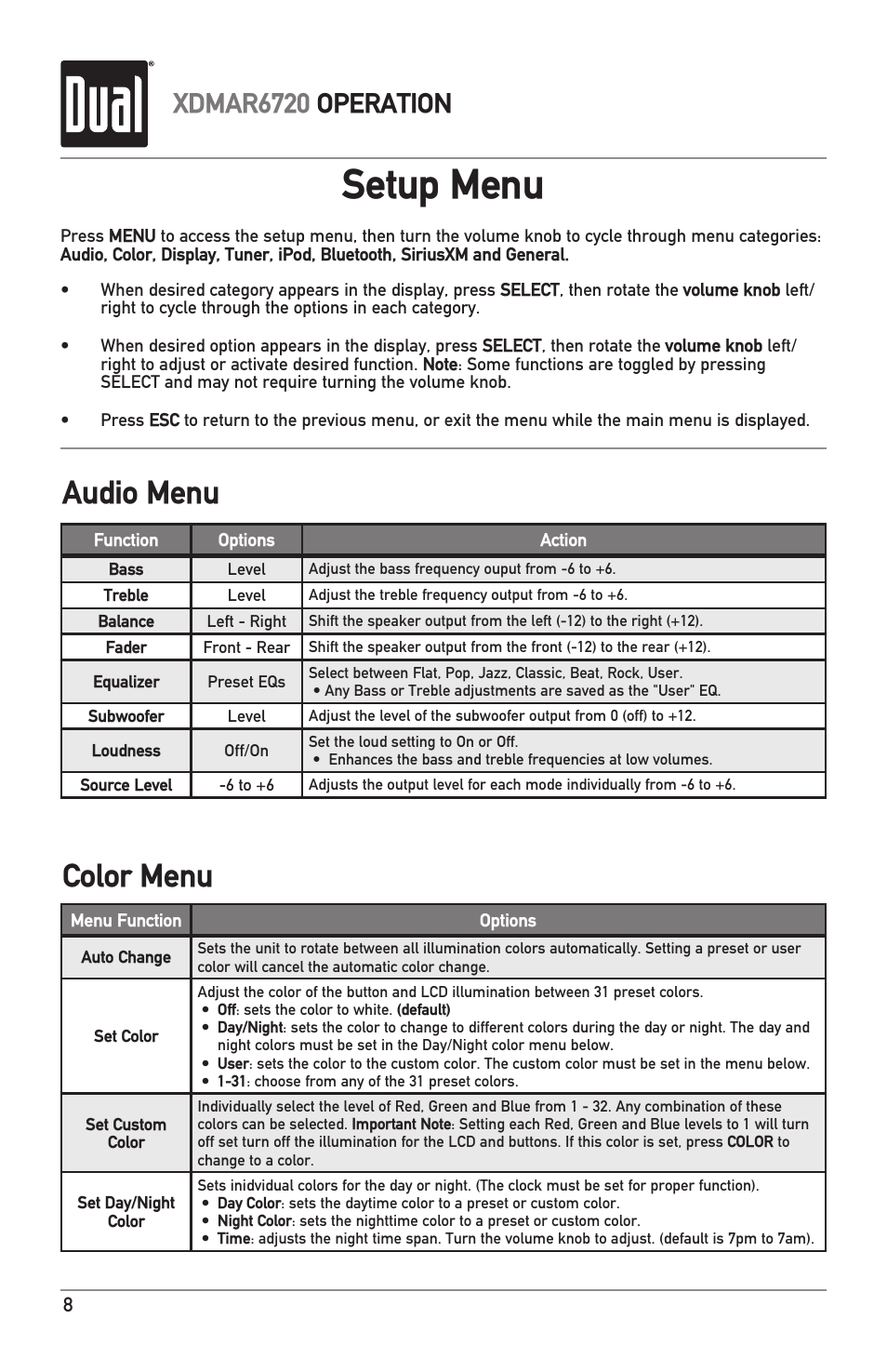 Setup menu, Audio menu, Color menu | Xdmar6720 operation | Dual Electronics XDMAR6720 User Manual | Page 8 / 36