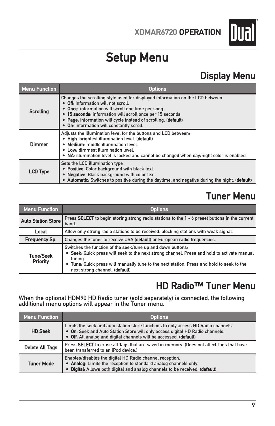 Setup menu, Display menu tuner menu, Hd radio™ tuner menu | Xdmar6720 operation | Dual Electronics XDMAR6720 User Manual | Page 9 / 36