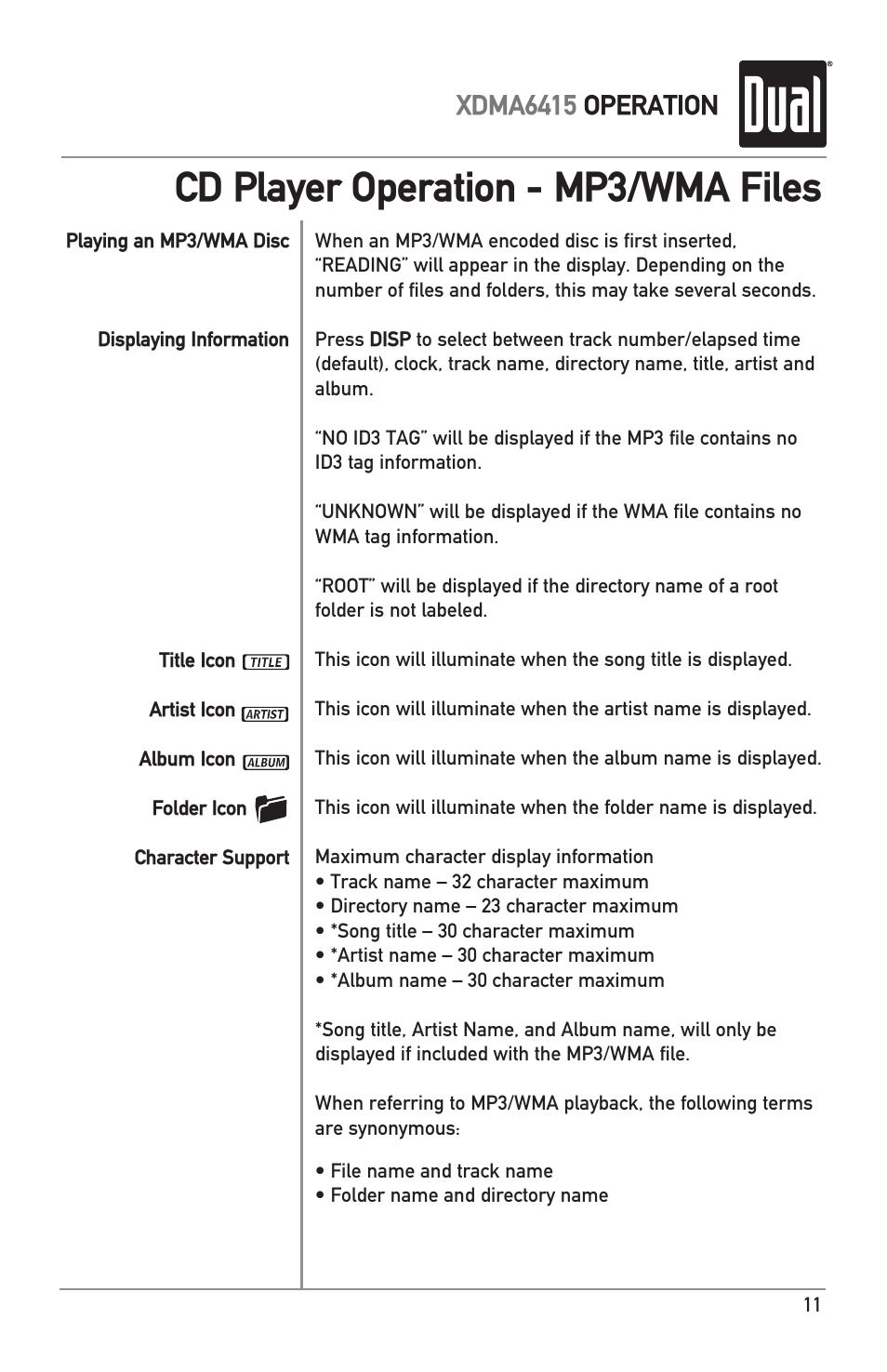 Cd player operation - mp3/wma files, Xdma6415 operation | Dual Electronics XDMA6415 User Manual | Page 11 / 28