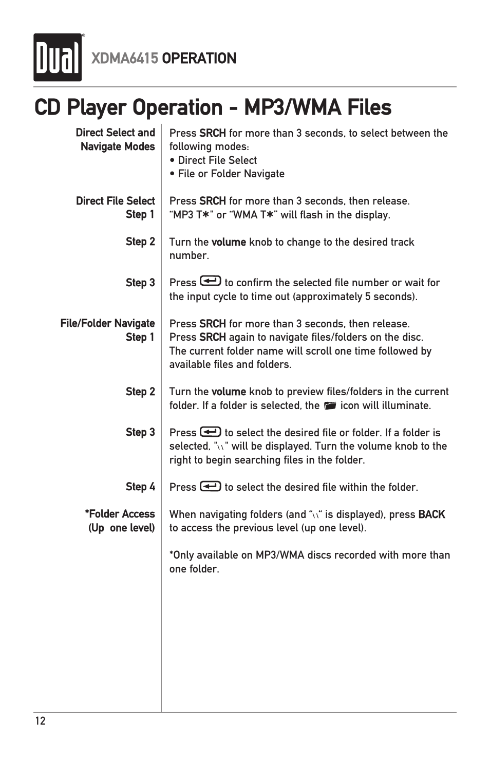 Cd player operation - mp3/wma files, Xdma6415 operation | Dual Electronics XDMA6415 User Manual | Page 12 / 28