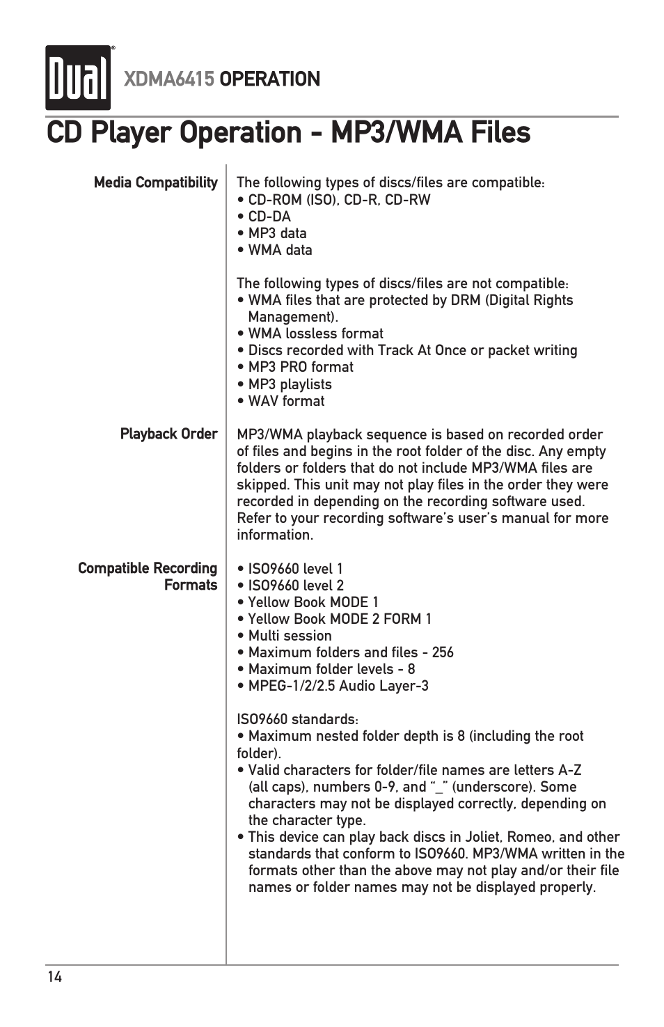Cd player operation - mp3/wma files, Xdma6415 operation | Dual Electronics XDMA6415 User Manual | Page 14 / 28