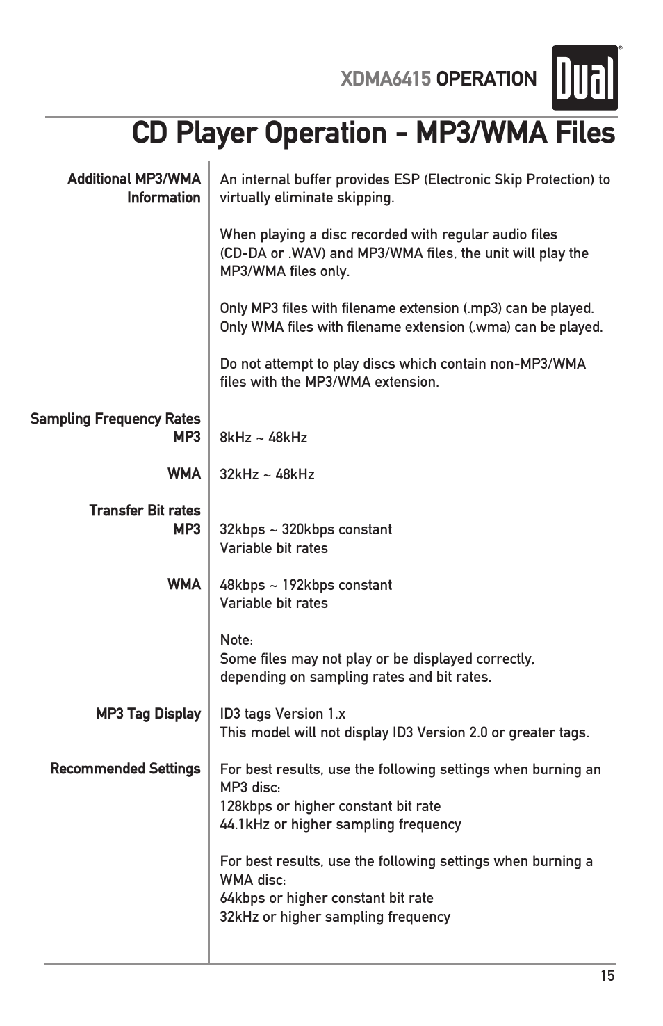 Cd player operation - mp3/wma files, Xdma6415 operation | Dual Electronics XDMA6415 User Manual | Page 15 / 28