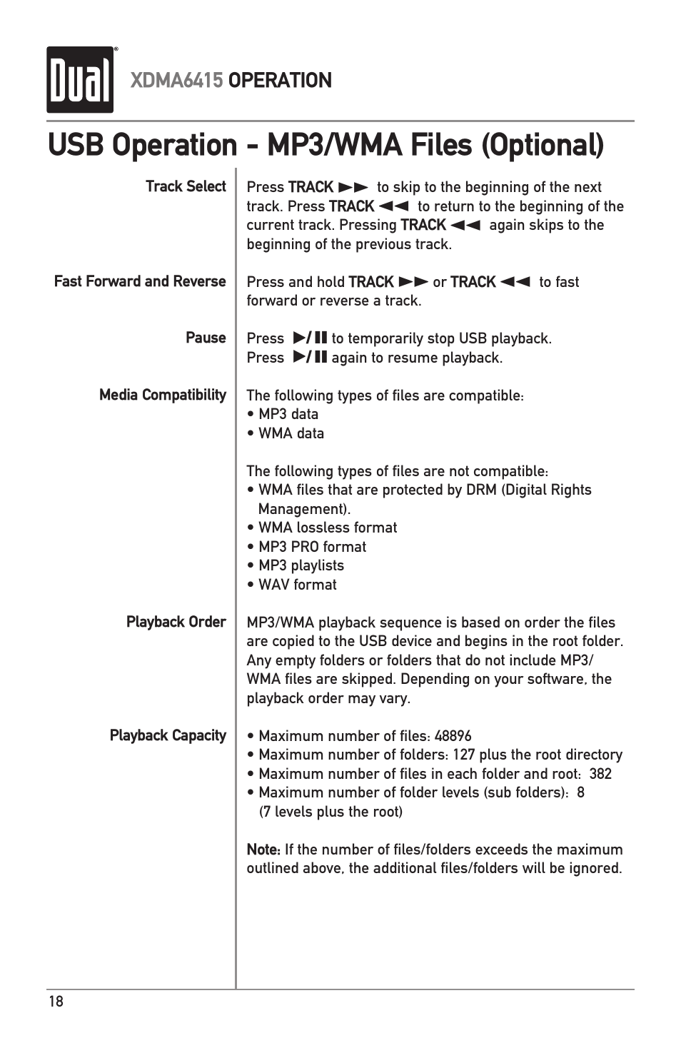 Usb operation - mp3/wma files (optional) | Dual Electronics XDMA6415 User Manual | Page 18 / 28