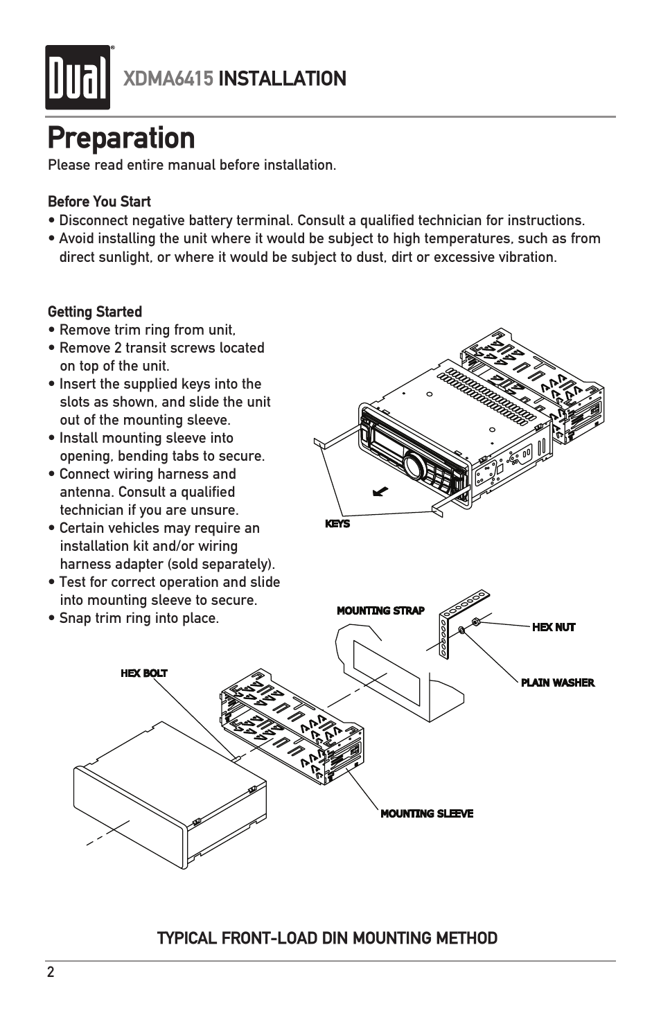 Preparation, Xdma6415 installation, Typical front-load din mounting method | Dual Electronics XDMA6415 User Manual | Page 2 / 28