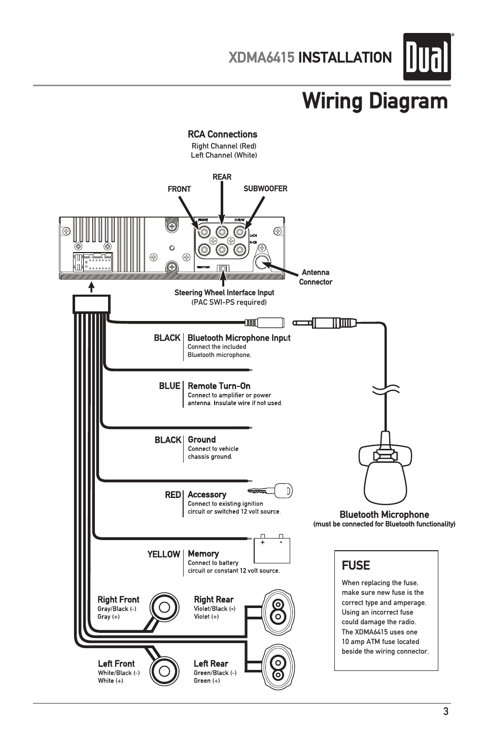 Wiring diagram, Xdma6415 installation, Fuse | Dual Electronics XDMA6415 User Manual | Page 3 / 28