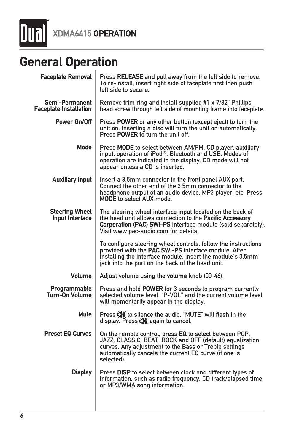 General operation, Xdma6415 operation | Dual Electronics XDMA6415 User Manual | Page 6 / 28